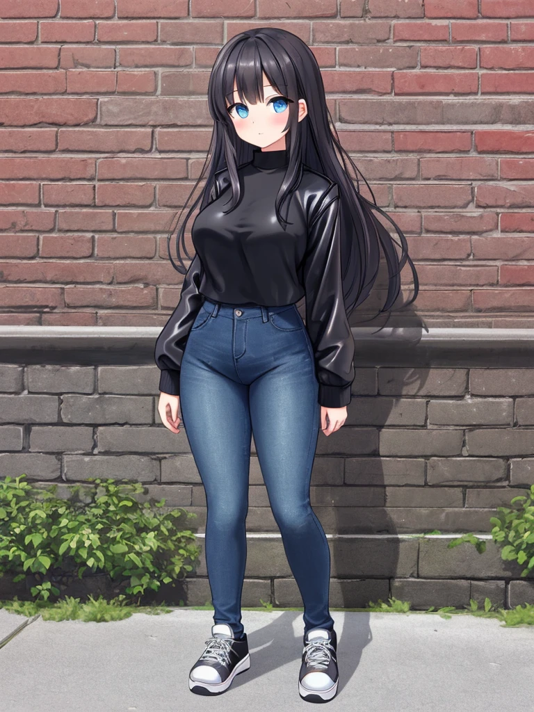 ((Masterpiece)), ((best quality)), (Best lighting), (perfect shadows), ((Solo)), (Perfectly detailed), (Accurate Details), (accurately scaled), (Perfect skeletal structure),   Cute Girl, 17 year old, Long Brunette hair, Beautiful Blue eyes, very busty, wide hips, large thighs, and a very short stature. Wearing a new Black Leather Jacket, a Pink shirt, Dark-Blue Jeans, and Grey sneakers. Standing against a brick-wall in a big city.