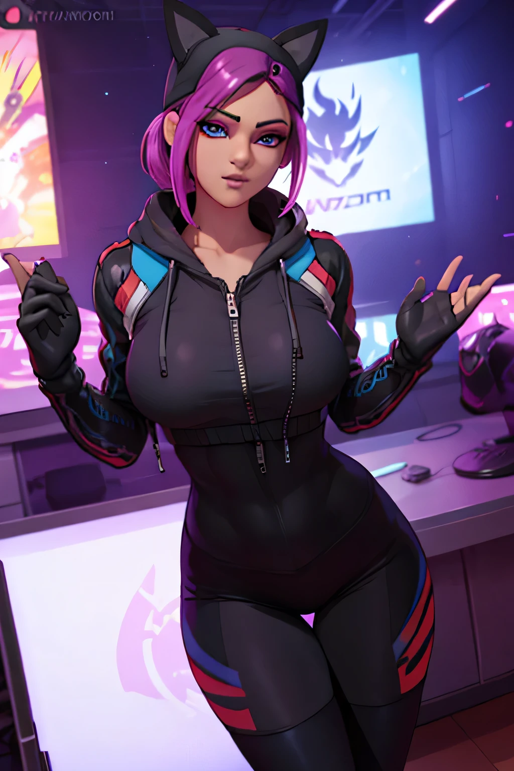 Gaming Zone Lynx chaqueta Negro, guantes sin dedos, Leggings Negros, ojos finos, neon