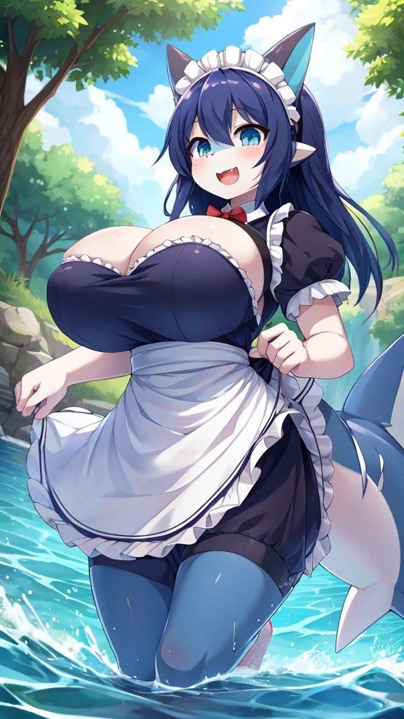 shark girl,furry,Shark tail,Cute Moe,big breasts,Good quality,Good resolution,Wear a maid dress.,running water,