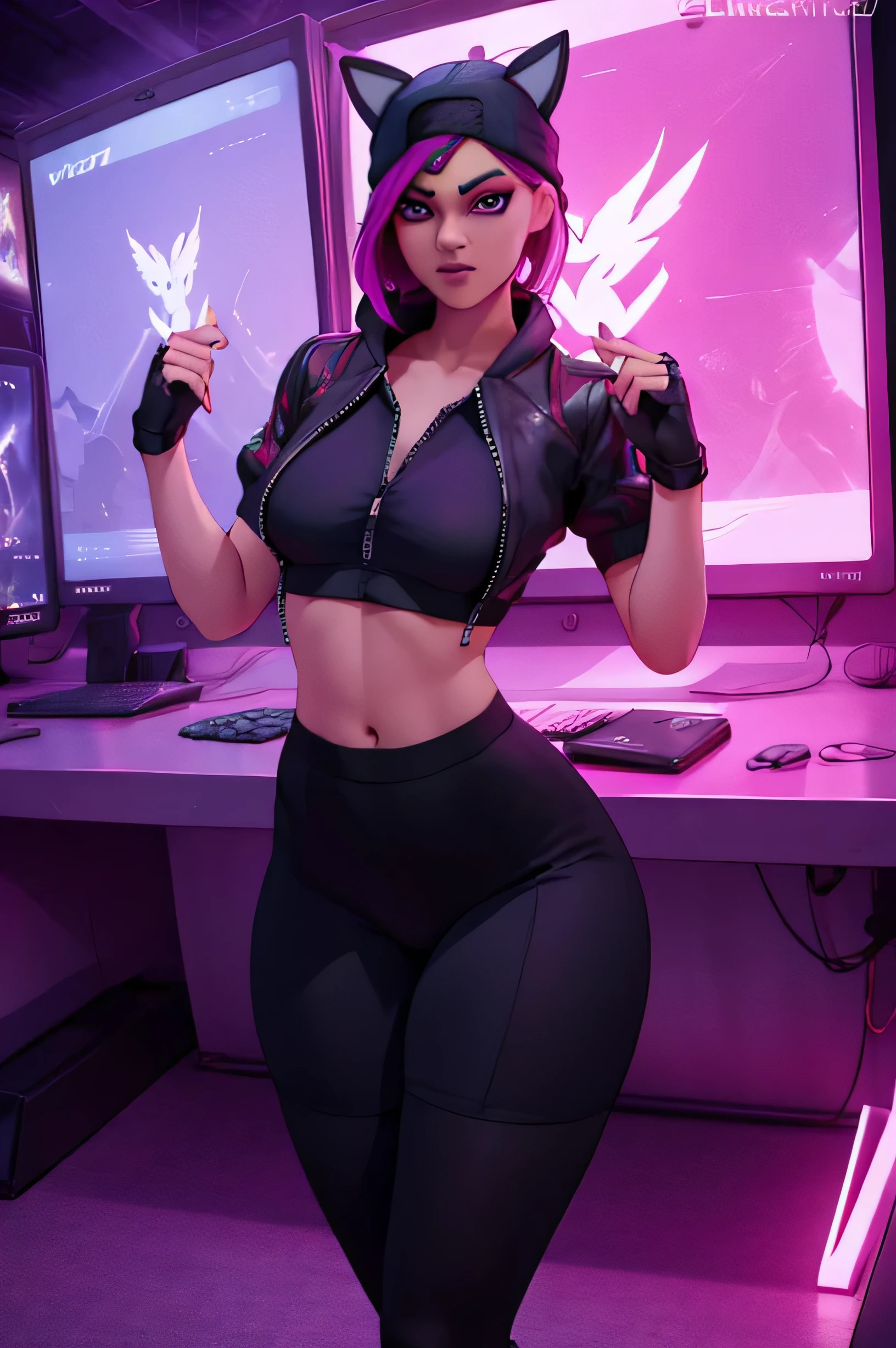 Gaming Zone Lynx chaqueta Negro, guantes sin dedos, Leggings Negros, ojos finos, neon, pose heroico