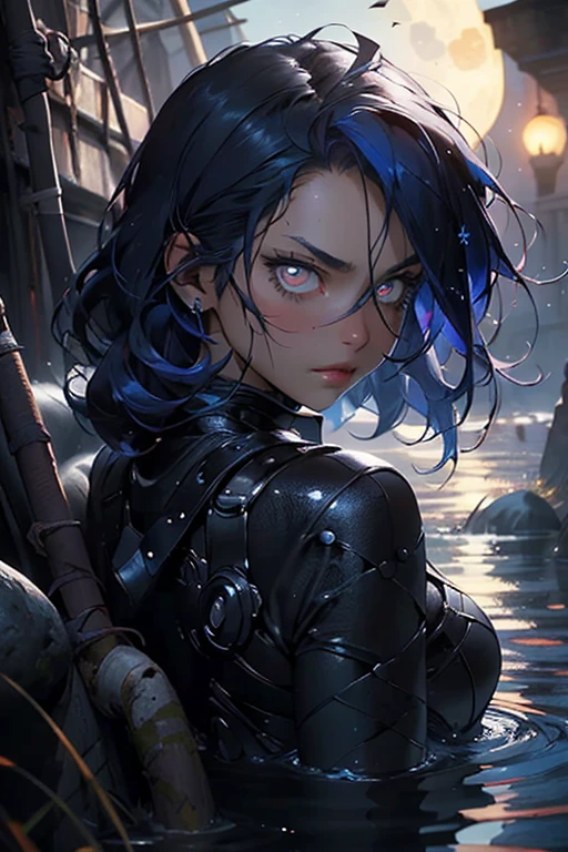 ((best quality)), ((masterpiece)), (detailed), beautiful face, magic, mage woman, beautiful, crimson eyes, vivid blue hair, blue moon, dark seas, floating water, fierce, modest, serious, looking back