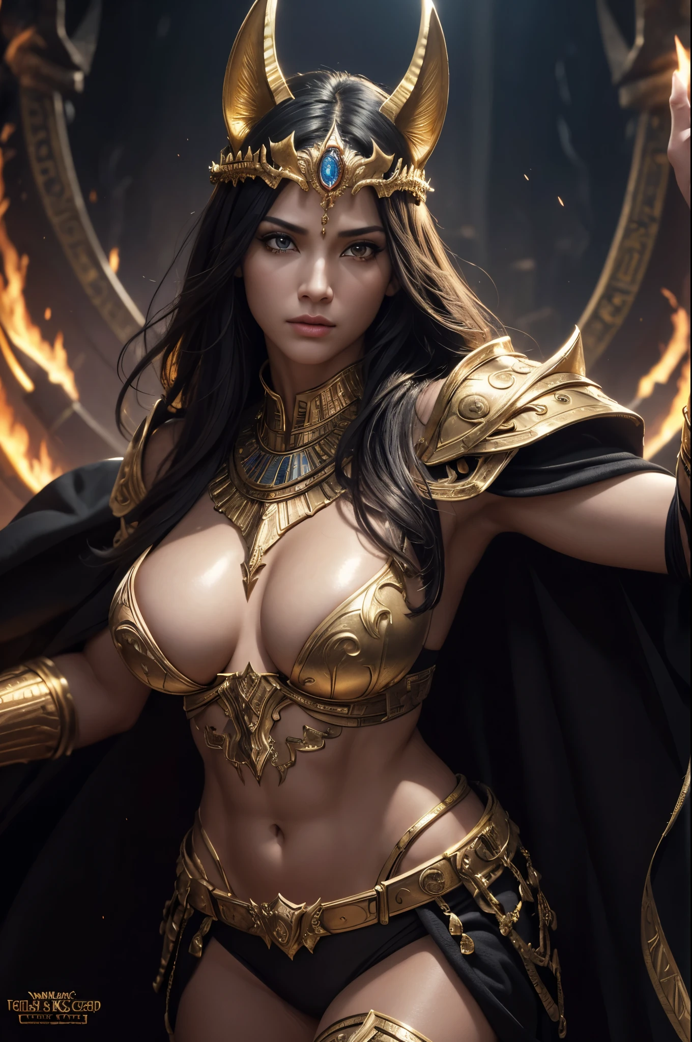 8K,Realistic, jewelry, (alone), (Dynamic pose), ((Hell's Gate)), fire, landscape of hell, (underworld), (dark landscape),Female Anubis, Egyptian jackal-headed god, Humanity, Muscular, (holding gold scales), Dynamic pose, Cinematic, Dramatic camera angles, Golden Armor:0.25, black & Gold Cape, (Excellent anatomy), (Good balance), Awards, masterpiece, Centered,Charm,Volume measurement,Body balance,超High resolution,Ultra-Realistic Skin,Digital single-lens reflex camera, Soft lighting, high quality, Highly detailed face, Highly detailed eyes, Highly detailed skins, skin, Scattered beneath the surface, Highly detailed face, Highly detailed eyes, Beautiful expression, Lip, Detailed Background, Depth of written boundary, big breasts、Volumetric lighting, Sharp focus, Absurd, Realistic proportions, Excellent anatomy, (Realistic, 超Realistic:1.4), 16K HDR, Dawn,big breasts,High resolution,Ultra-Realistic Skin,super Beautiful expression,Fantasy art,character,Violent and strongly cracked abdominal muscles,