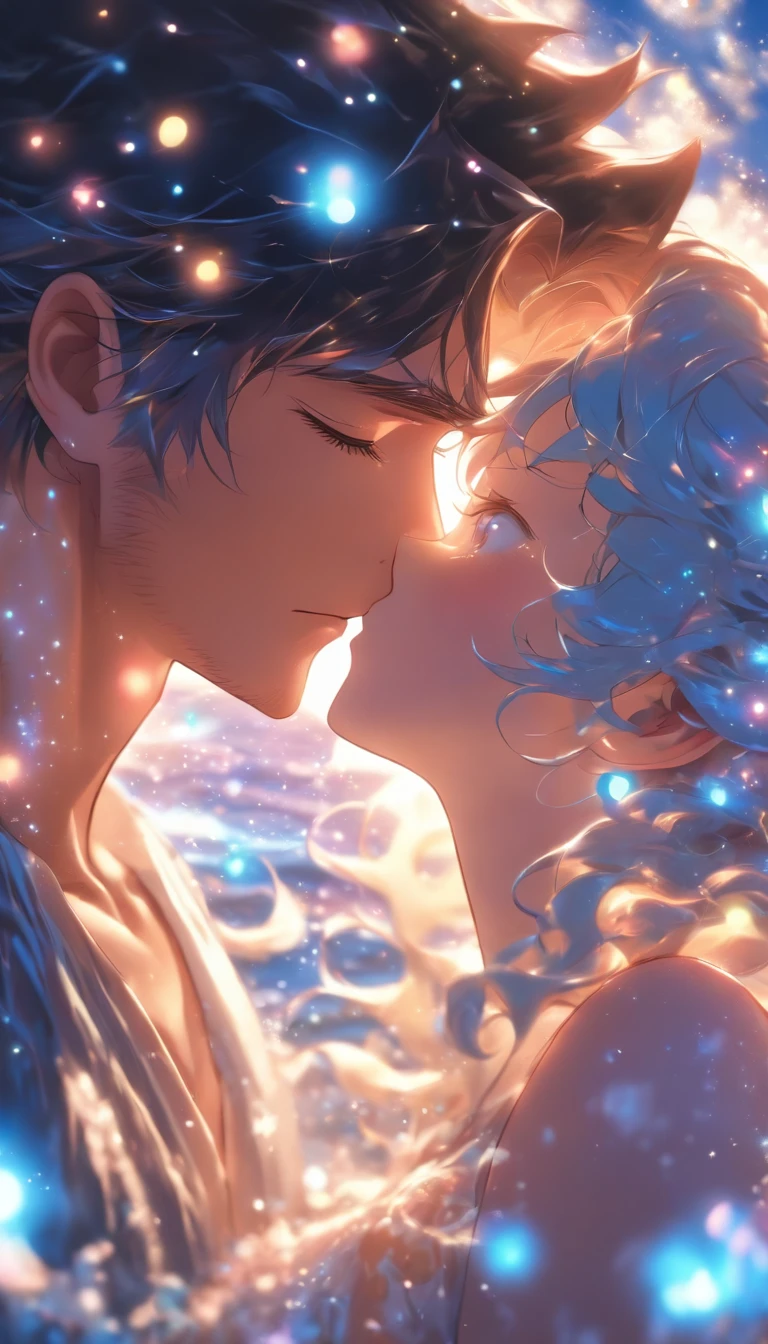 Romantic couple kissing in the wind,Boys and girls,they have black hair and blue eyes, glowing stars,Glow effects,Heart-shaped bubbles,the night,On a cruise ship,The face is clear and accurate,detail in face,super-fine,beachside,16K resolution,high qulity,Movie Lighting,High picture detail,dynamic viewing angle,Detailed pubic hair,Epic shooting,oc rendered
