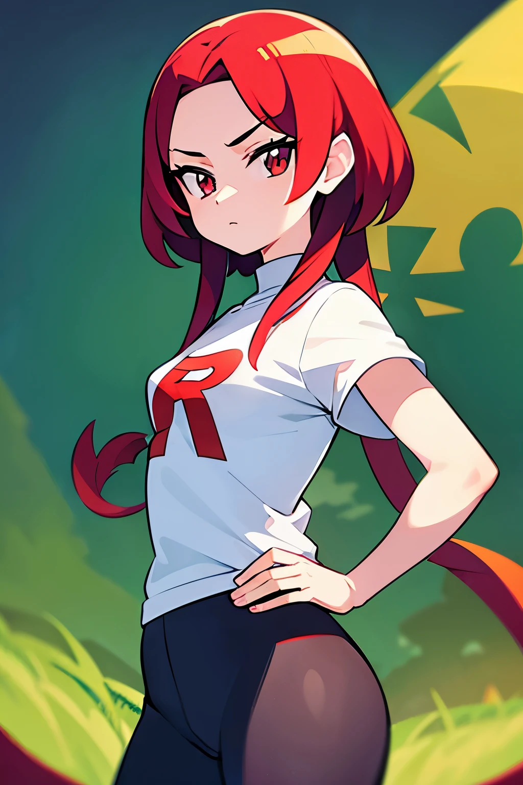 young girl, team rocket shirt, red hair, long hair, curly hair, black circles in eyes, grren eyes, small girl, small breasts,. 4k, masterpiece, detailed
