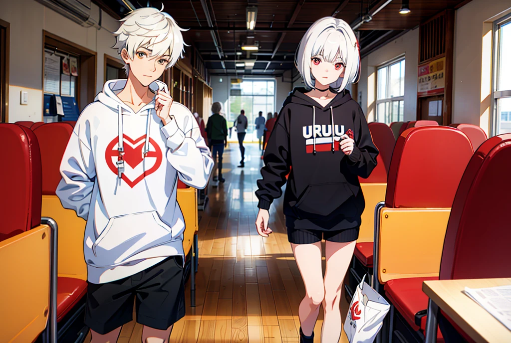 8K,high qulity,Fine face,red - eyed,full bodyesbian,mtu,with short white hair,Very handsome,On campus,Sweatshirt,schools