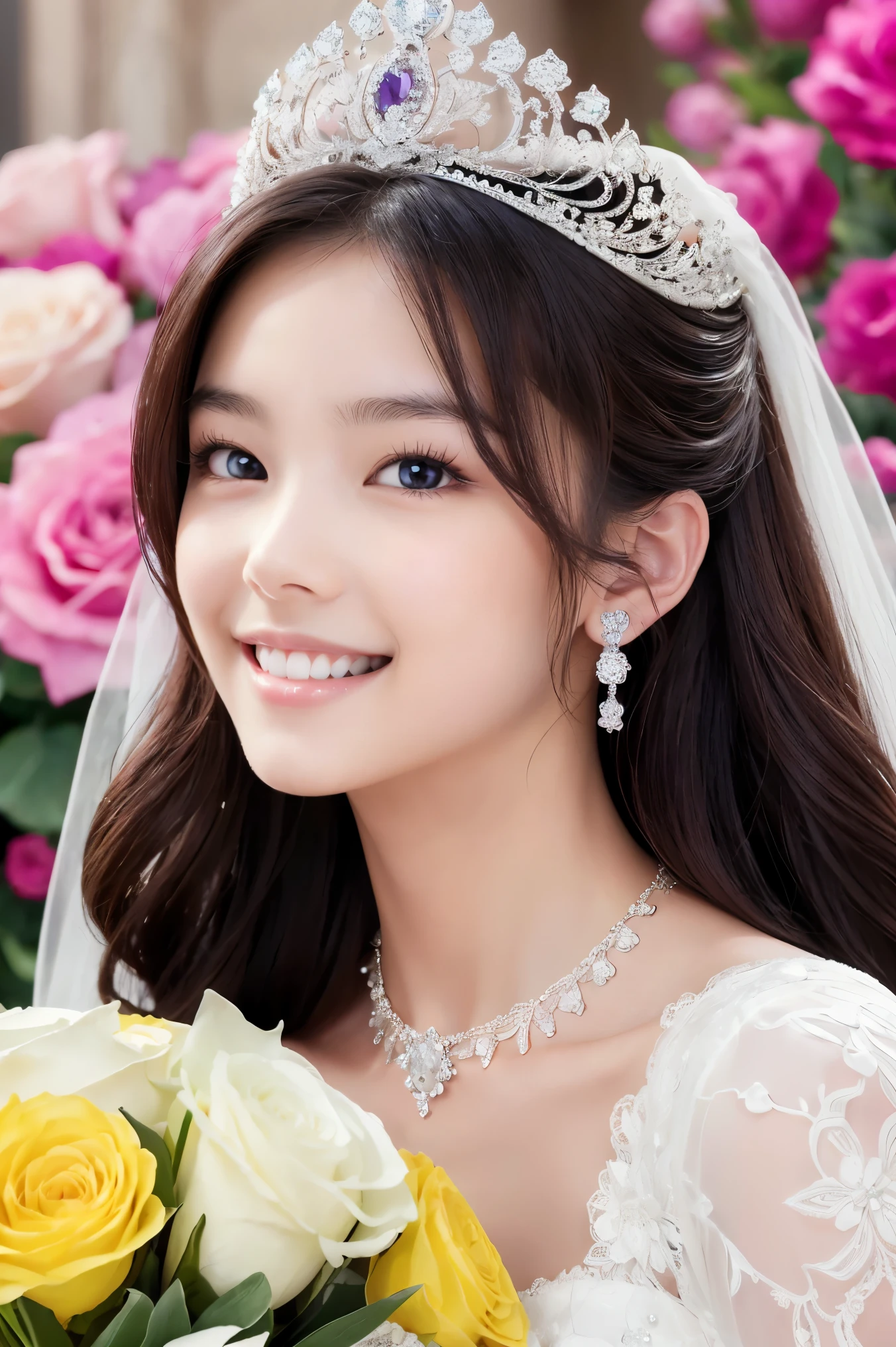 (highest quality、Tabletop、8k、Best image quality、Award-winning works)、One beautiful bride、(alone:1.1)、(The most extravagant and luxurious huge wedding dresses:1.1)、(perfect wedding lace:1.2)、(The most luxurious and finest giant tiara:1.1)、(The most luxurious and luxurious giant necklace:1.1)、(holding a wedding bouquet:1.1)、Blurred luxury and elegant wedding venue background、A large amount of the finest jewelry、Perfect Makeup、Long eyelashes、Ultra-high definition sparkling eyes、Ultra HD Hair、Ultra High Resolution Glossy Lips、Ultra High Resolution Perfect Teeth、Super high resolution beautiful face、(Accurate anatomy:1.1)、(Very bright and beautiful skin:1.2)