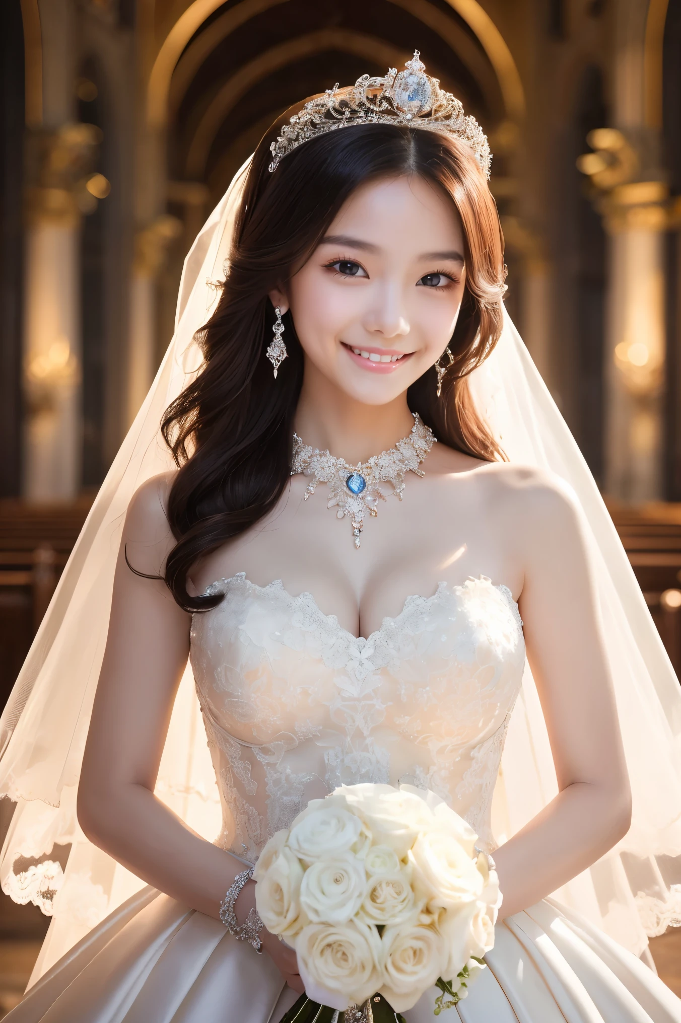 (highest quality、Tabletop、8k、Best image quality、Award-winning works)、One beautiful bride、(alone:1.1)、(The most extravagant and luxurious huge wedding dresses:1.1)、(perfect wedding lace:1.2)、(The most luxurious and finest giant tiara:1.1)、(The most luxurious and luxurious giant necklace:1.1)、(holding a wedding bouquet:1.1)、Bride's upper body photo、Elegant church wedding、(Body facing straight ahead:1.1)、Blurred gorgeous and elegant church background、A large amount of the finest jewelry、Perfect Makeup、Long eyelashes、Ultra-high definition sparkling eyes、Ultra HD Hair、Ultra High Resolution Glossy Lips、Ultra High Resolution Perfect Teeth、Super high resolution beautiful face、(Accurate anatomy:1.1)、(Very bright and beautiful skin:1.2)