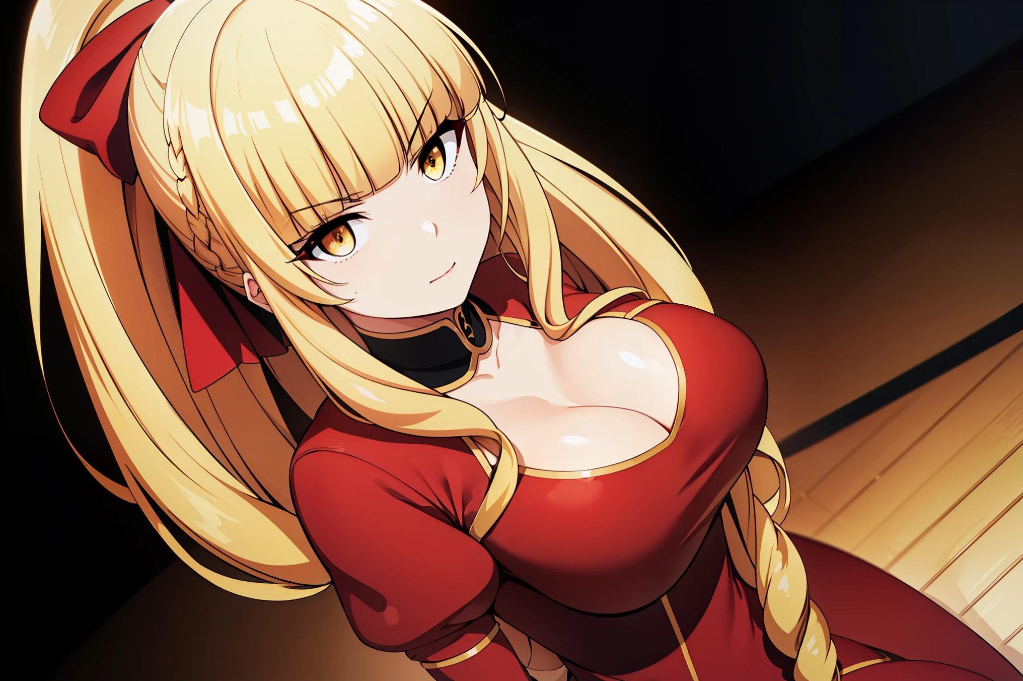 Simple White Background,
(juliet sleeves, long sleeves, puffy sleeves, red bow, red dress:1.2)
Hair ribbon, (High_ponytail:1.2), yellow eyes,(blonde_hair:1.2), blunt bangs,Long hair,
1 girl, 20yo,Young female,Beautiful Finger,Beautiful long legs,Beautiful body,
Beautiful Nose,Beautiful character design, perfect eyes, perfect face,expressive eyes,perfect balance,
BREAK from above, looking at viewer, closed mouth, (innocent_big_eyes:1.0),(Light_Smile:0.3),
official art,extremely detailed CG unity 8k wallpaper, perfect lighting,Colorful, Bright_Front_face_Lighting,White skin,
(masterpiece:1.0),(best_quality:1.0), ultra high res,4K,ultra-detailed,
photography, 8K, HDR, highres, absurdres:1.2, Kodak portra 400, film grain, blurry background, bokeh:1.2, lens flare, (vibrant_color:1.2),professional photograph,(Beautiful,large_Breasts:1.4), (beautiful_face:1.5),(narrow_waist),