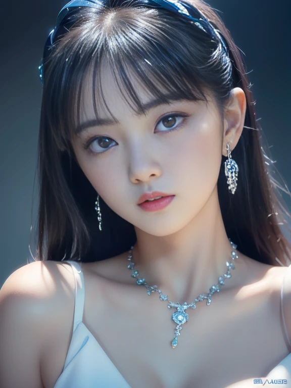 masterpiece, best quality, illustration, sax blue, platinum earrings, platinum necklace, white dress, 1girl, cute, (dynamic lighting:1.2), cinematic lighting, delicate facial features, detailed eyes, sharp pupils, realistic pupils, depth of field, bokeh, sharp focus, (hyper-detailed, bloom, glow:1.4), many small gems, (small brea