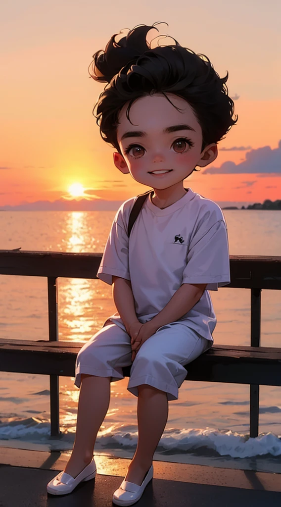 A happy little boy，Dressed in casual attire，Wear slippers，Sit on grass，The background is the cross-sea bridge，There is a cute little dog next to it，Sunset and sunset，Face the camera，Full body photo，Ultra-high definition