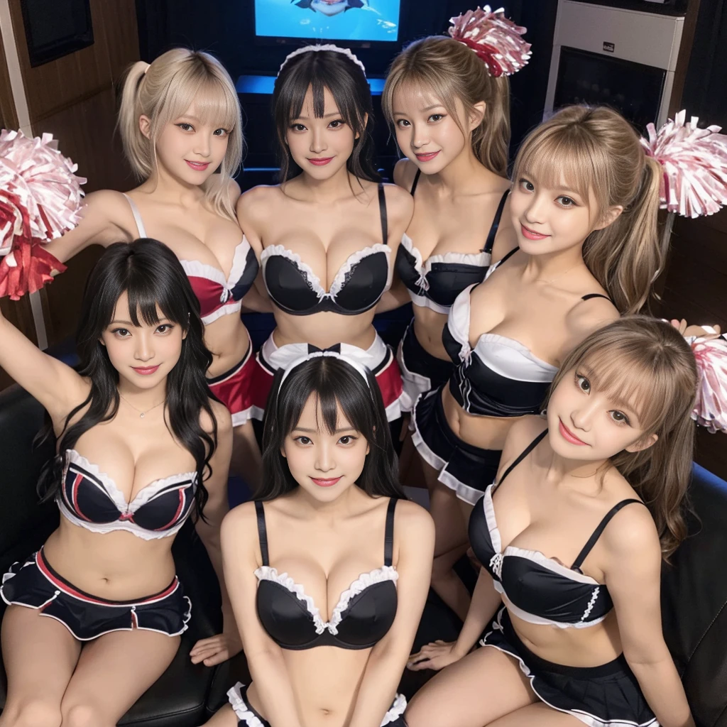 ((Top view、strapless bra、Cheerleader Costume、cleavage exposure))、everyone is wearing different costumes、Random and cute faces、Quality skin texture、highest quality、smile、masterpiece、High-definition images、Dark Room、karaoke box、18-year-old、かわいいsmile、Big Tits、On the sofa、surround me、Smile at me