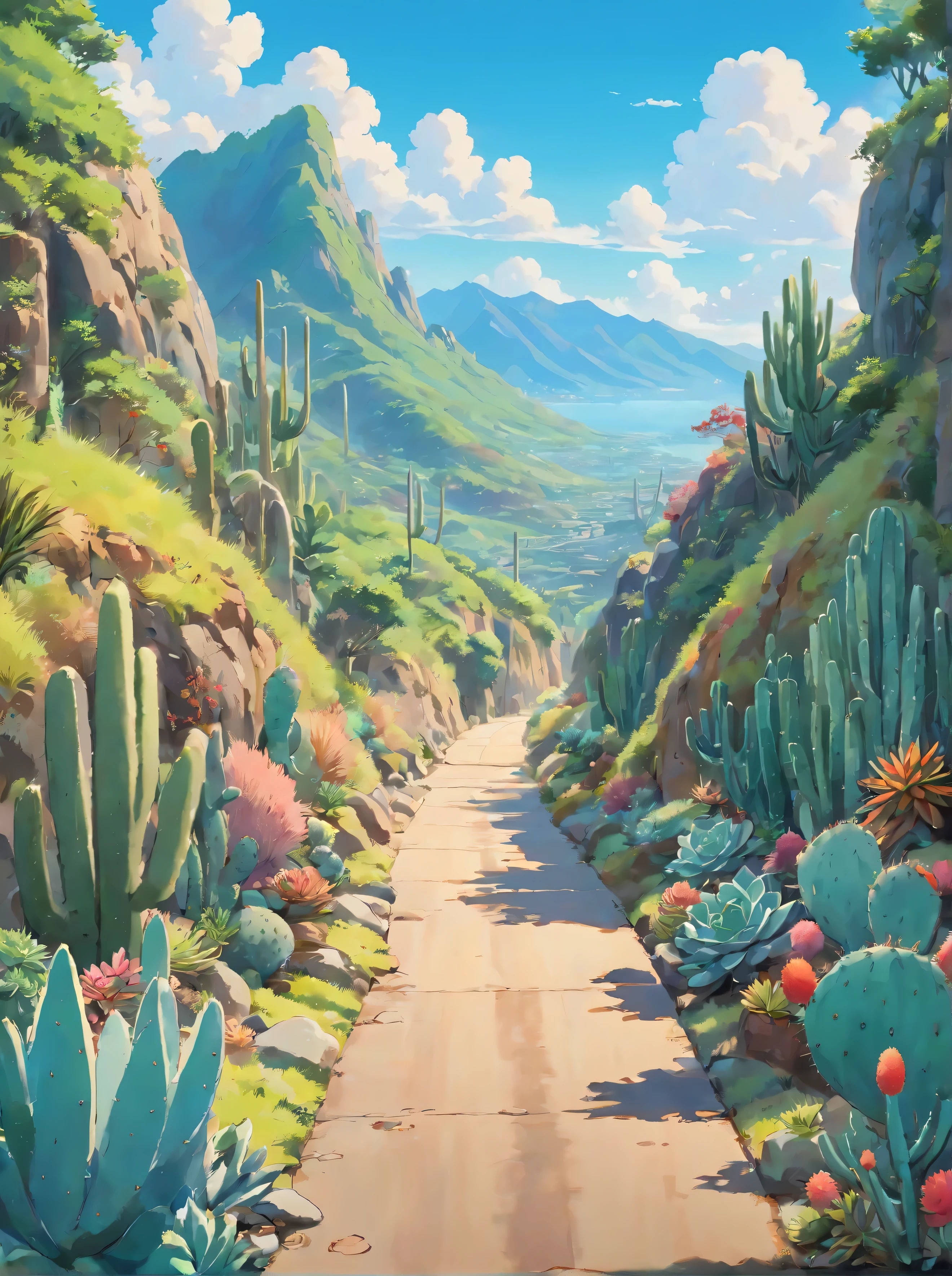 a realistic landscape of a road between mountains and various species of cacti and succulents around, luz do dia, obra prima, melhor qualidade, 8k