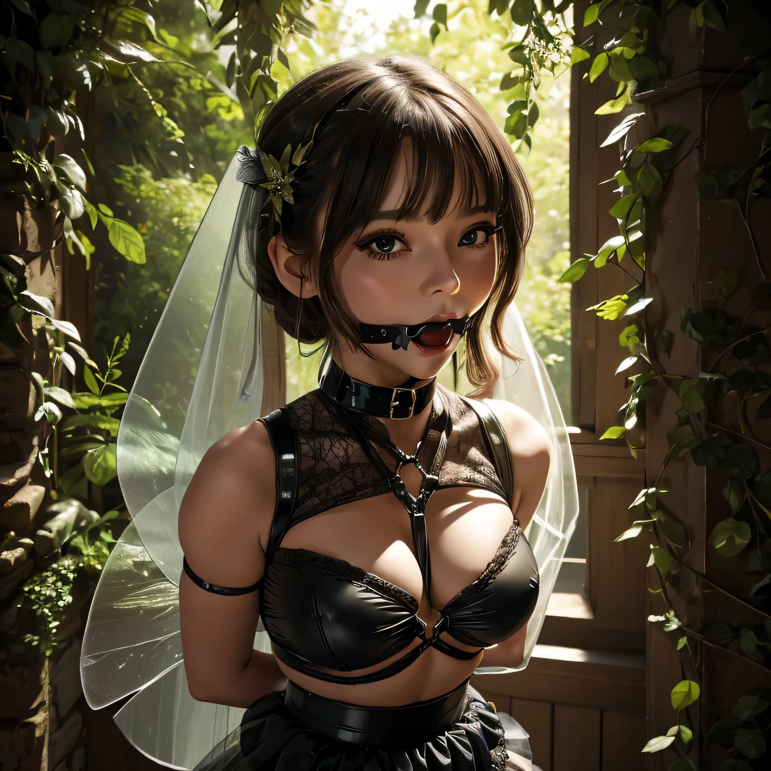 Make a picture where a beautiful fairy is bound and gagged, bound, she wearing a sheer skirt,gr3ysh33r,flirty eyes, ballgag