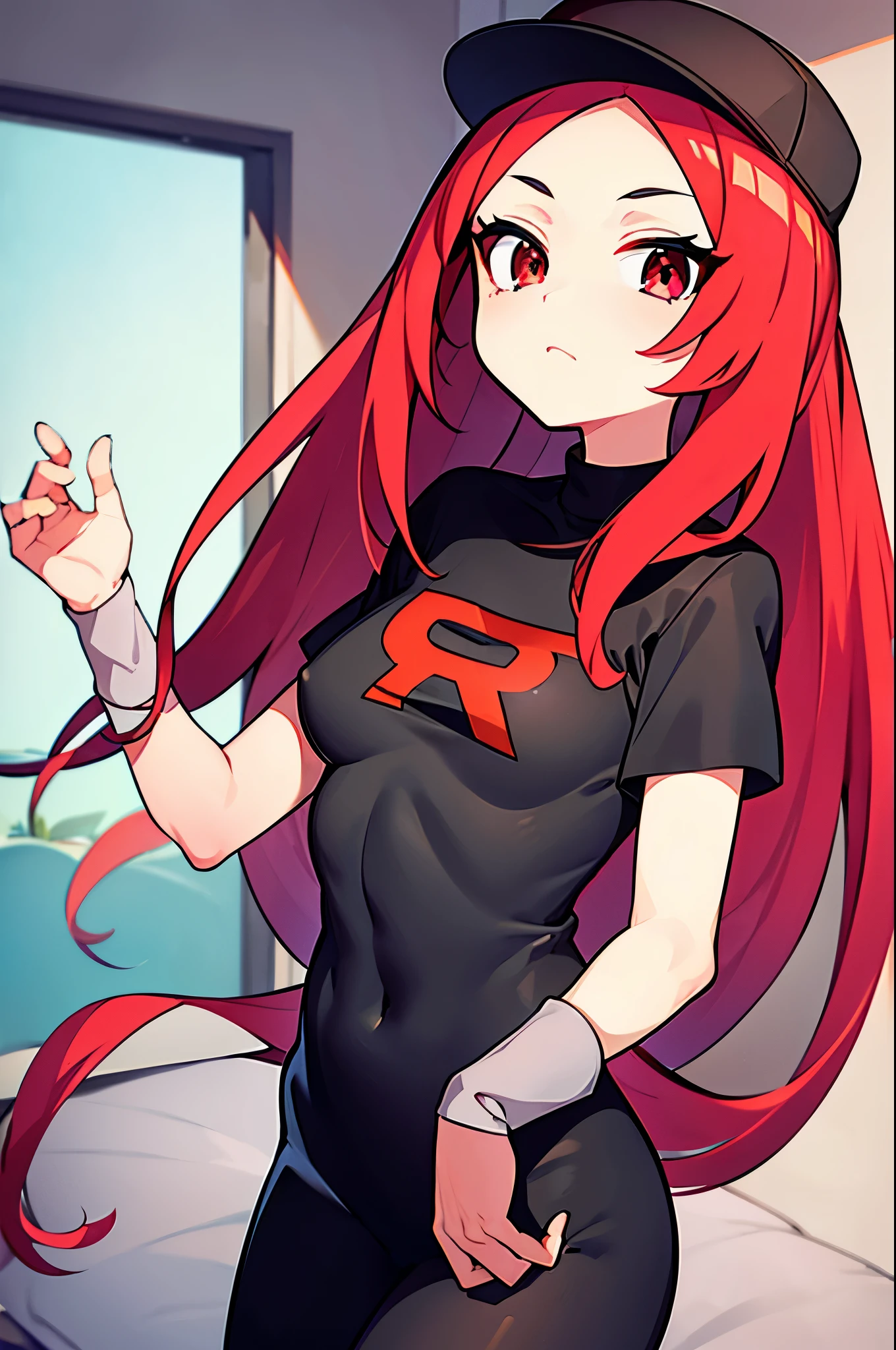 young girl, team rocket shirt, red hair, long hair, curly hair, black circles in eyes, grren eyes, small girl, small breasts,. 4k, masterpiece, detailed
