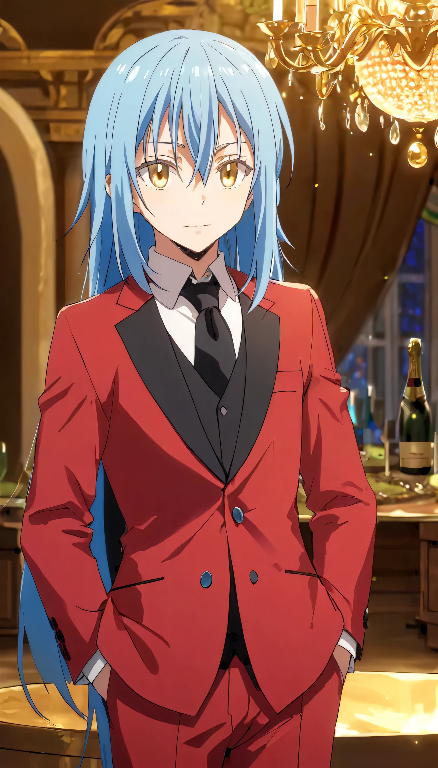 POV close up, grown young man, upper body, Rimuru Tempest, (best quality,4k,8k,highres,masterpiece:1.2),ultra-detailed,(realistic,photorealistic,photo-realistic:1.37),vivid colors, impressive lighting, royal , exquisite decorations, antique chandeliers, stunning, sparkling champagne glasses, settings, sparkling blurry background, romantic atmosphere, wearing suit, red suit, long blue hair, golden eyes, gentleman,not smiling, hands on his pockets