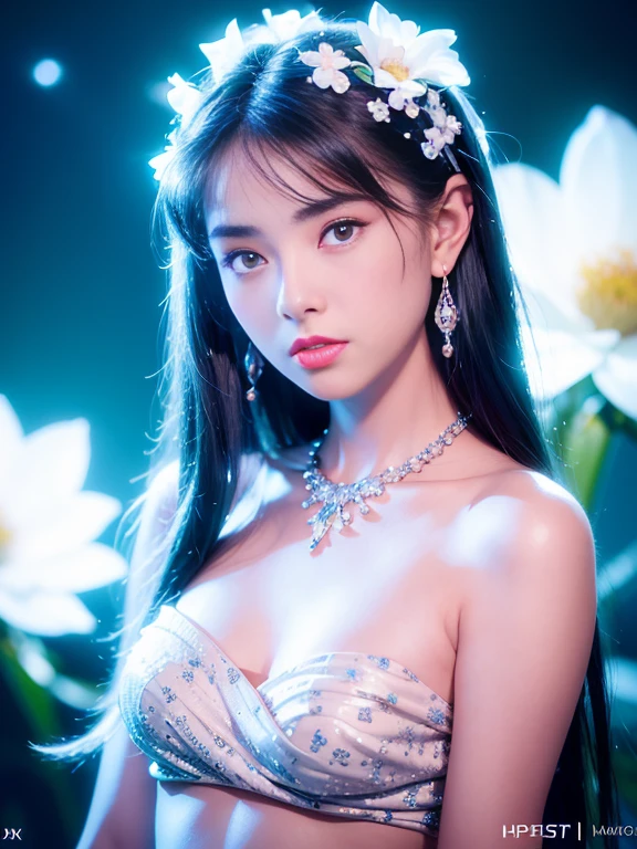 masterpiece, best quality, illustration, sax blue, platinum earrings, platinum necklace, white dress, 1girl, cute, (dynamic lighting:1.2), cinematic lighting, delicate facial features, detailed eyes, sharp pupils, realistic pupils, depth of field, bokeh, sharp focus, (hyper-detailed, bloom, glow:1.4), many small gems, (small breasts:1.1), sexy belly