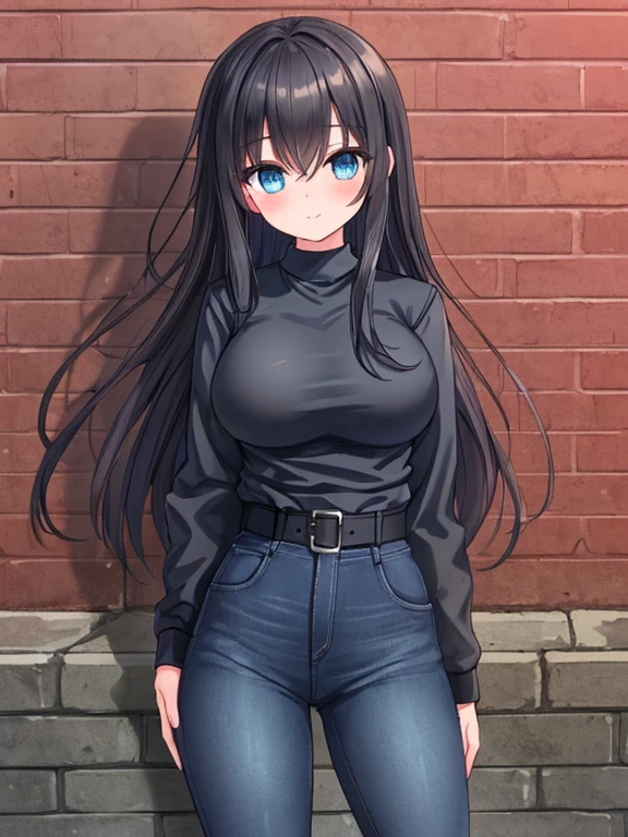 ((Masterpiece)), ((best quality)), (Best lighting), (perfect shadows), ((Solo)), (Perfectly detailed), (Accurate Details), (accurately scaled), (Perfect skeletal structure), Cute Girl, 30 years old adult, oversized breasts, Long Brunette hair, Beautiful Blue eyes, (enormously Massive Gigantic breasts), wide hips, large thighs, decently muscular, and a short curvy stature. Wearing a worn Black Leather Jacket, a (mild cleavage, Red shirt), heavily worn Dark-Blue Jeans, and Grey Boots. Standing against an old Brick-wall in a big city.