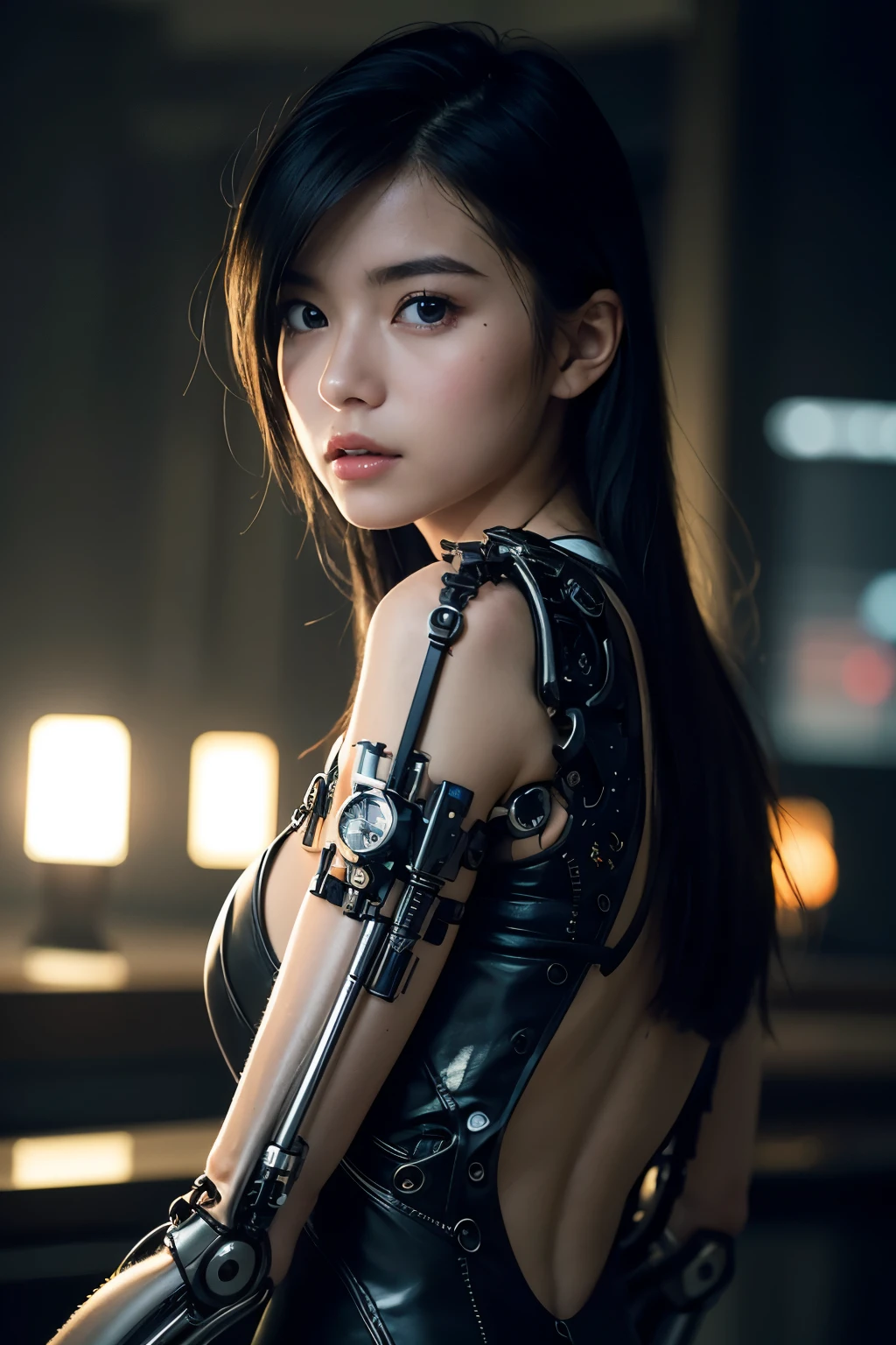 top quality, masterpiece, Ultra-high resolution, (Reality: 1.4), original photo, 1 cyberpunk girl, Black Hair, Smooth skin, 1.mechanical girl, Depth of field focus f/2.8, (Ultra-realistic details)), contrast, shadow, Octane Rendering, 8k, Extremely sharp, Cleavage exposed, Rawhide, Metal, Exquisite decorative details, Japan Details, Very intricate details, realistic light, CGSoation trends, face camera, Neon details, Mechanical limbs, blood vessels connected to tubes, A mechanical vertebrae attached to the back, Mechanical neck fixation device, Wires and cables to the head, Gundam, Small LED lights.