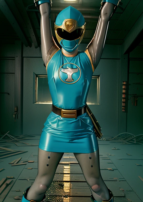(best quality, masterpiece, RAW photo,ultra-detailed:1.2), 1girl, solo, looking at viewer, ((Hurricane Blue outfit, belt, gloves, helmet, blue spandex vest, sunglasses, blue boots, blue skirt, gray leggings, white gloves)), large breasts, (((spread legs:1.1))), tied in wooden X cross, captured, bondage, bdsm, nsfw, raised arms, dark room, eerie light, industrial background, full body render, head to toe, creampie, wet