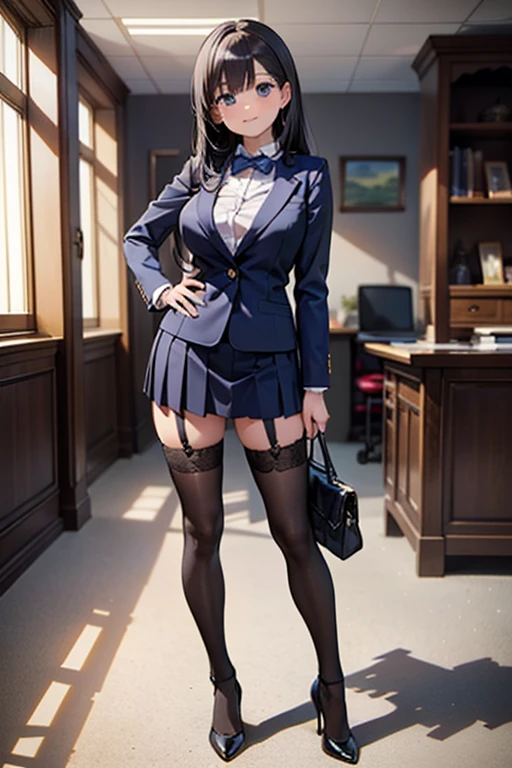 4k wallpaper,Best Live Action Poster,1 Girl lecturing with textbook in hand,sideface,Lovely cheeks,Reasonable body proportions,Stand up,Reasonable body,sideface,closeup of face,air force,blue uniform,Business suit,tiese,collars,black lence stockings,chalkboard,desk,Delicately drawn face,cute body,Delicate skin,close-up on legs,Reasonable leg structure Wait to start
