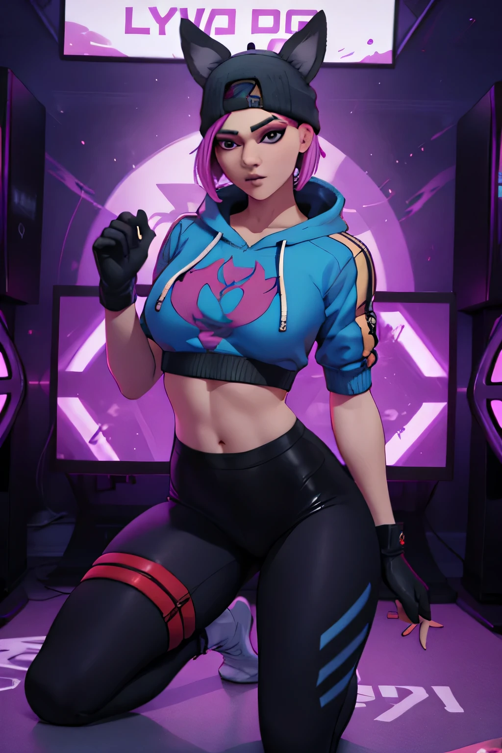 Gaming Zone, Lynx con sudadera con capucha, azul con blanco y negro, Negro guantes sin dedos, Leggings Negro, ojos finos