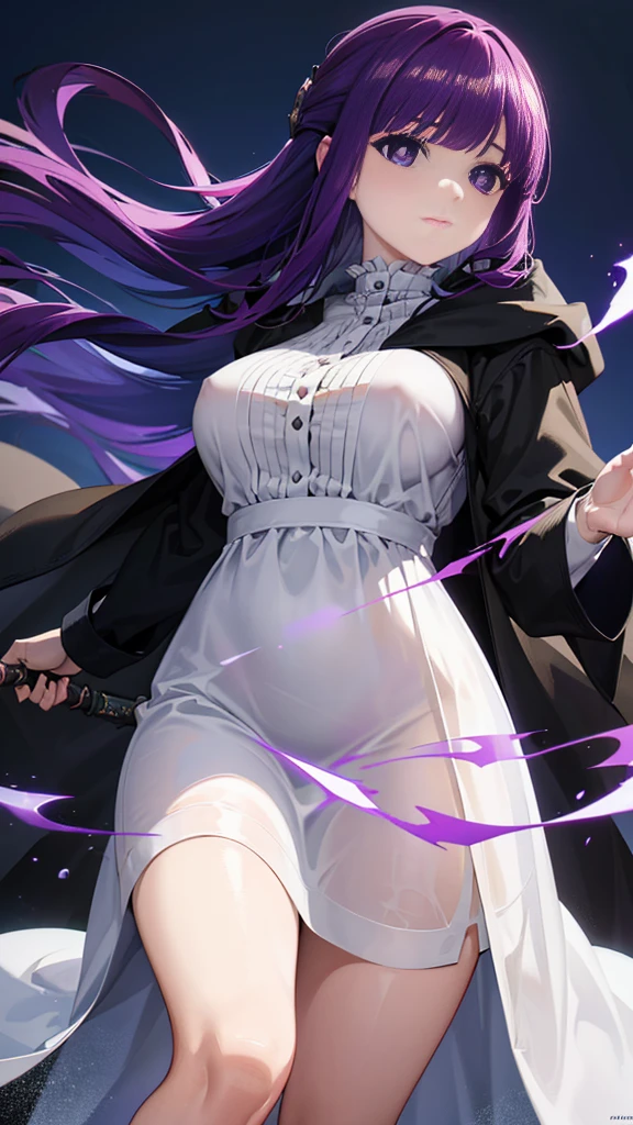 Ultra Detail, NSFW, (((masterpiece))), High resolution, Highly detailed anime art, Cinematic lighting, (((1 girl, perfect anatomy))), accurate right hand, accurate left hand, five fingers, perfect style, Detailed face, Fern, purple eyes, glossy lips, cute face, purple hair, shiny skin, smile, Pure white long sleeve blouse, pure white long skirt, Long skirt, Very long skirt, (Black cloak, Hold the magic wand, Magic Circle), Naughty nipples, naughty pussy, Body line silhouette, Focus on the groin, Shooting up close, Dynamic Angle, Fantasy art,
