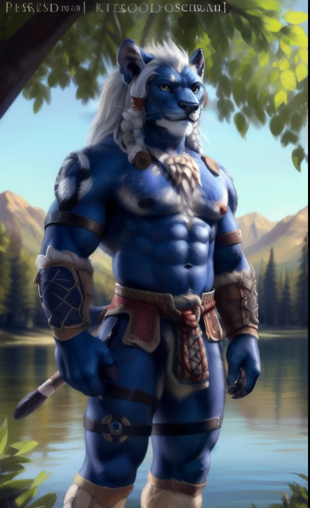 Kimahri (final fantasy x), portrait, portrait, (((full body portrait))), anthro, white hair, blue fur, bodybuilder body, male, solo, adult, abs, big pecs, big muscles, looking at viewer, front, showing chest, detailed face, beautiful eyes, howing chest, topless, loinclotch, muscular chest, muscular face, beefy, lake background, looking at viewer, by bruteandbrawn, by personalami, by kenket, (intricate, high detail, film photography, soft focus, RAW candid cinema, photorealism, realistic, photorealistic, analog style, subsurface scattering, masterpiece, best quality, ultra realistic, 8k)