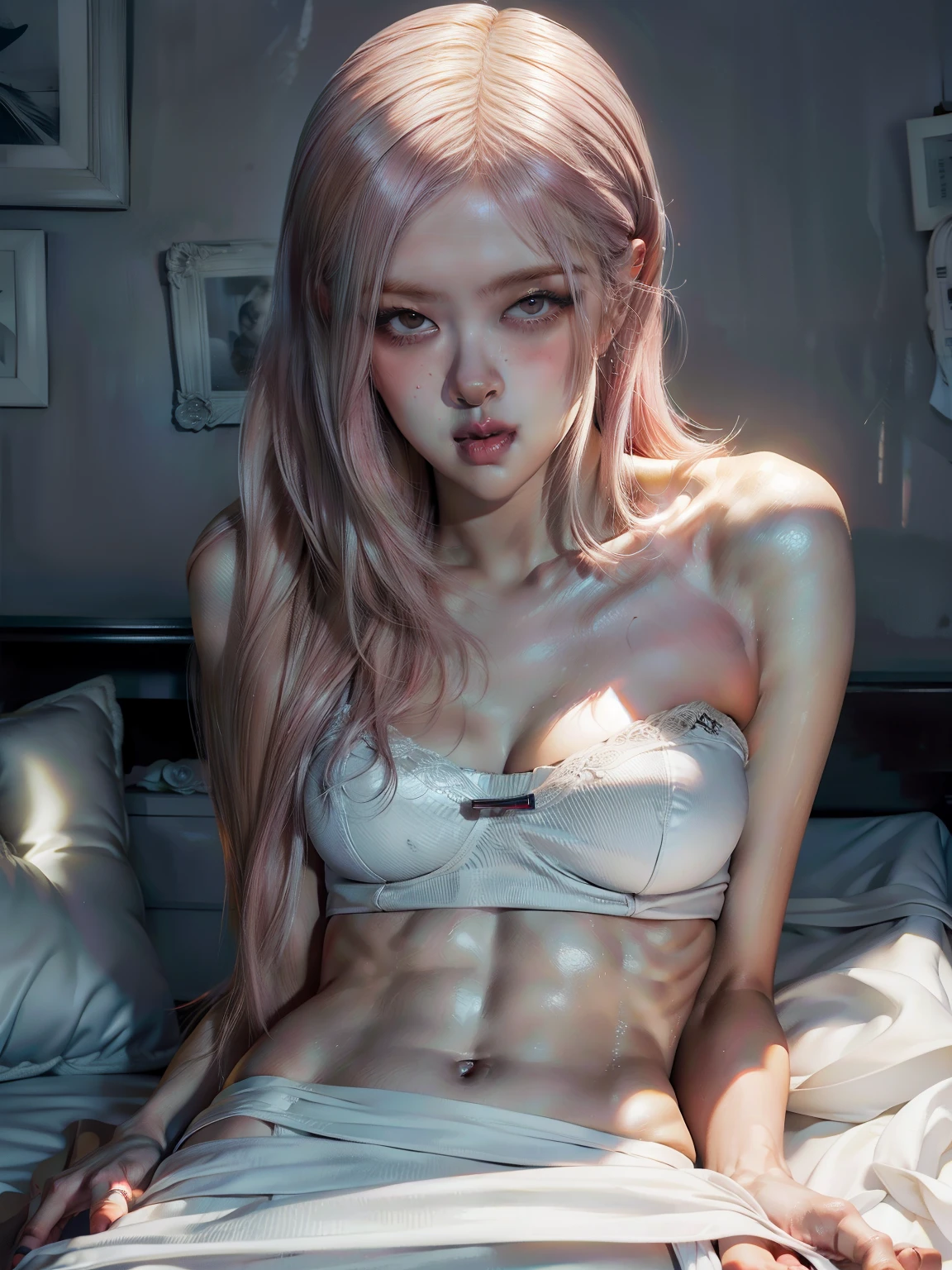 Albino, pretty girl, one girl , full body shot, detailed skin, ultra-detailed, slim body) , large earring, thighs, (beautiful pink hair),, fine collarbone, soft navel, soft midriff, soft back, angle from behind, sweaty, beautiful breasts, blush, photorealistic, realistic face, realistic eyes, smirk (((colorful))) (((cleavage))), (freckles), (eye liner), (mascara), ((thick  on body)),(thick  on ass)), ((very sweaty)), ((wet thighs)), ((spreading thighs)), ((hands on thighs))  , (extremely detailed CG 8k wallpaper), (an extremely delicate and beautiful), (masterpiece), (best quality:1.0), (ultra highres:1.0), beautiful lighting ,perfect lightning, realistic shadows, [highres] , (girl wearing short school uniform:1.4, ) , (laying on stomach in  the bed) , (ass appears) , disrobed , noclothes , PUBIS uncovered , BUTT EXposed , uncovered ,  appears