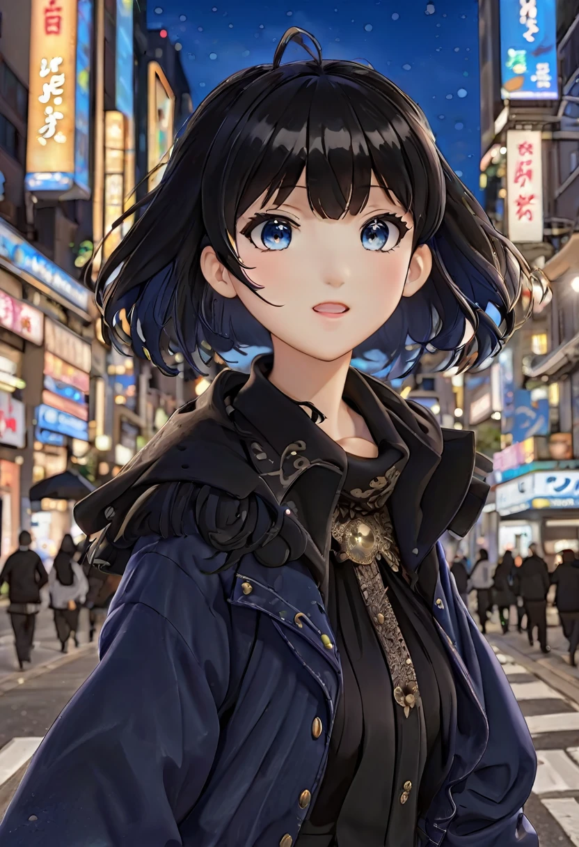 (best quality, masterpiece), 1girl, intricate details, beautiful detailed face, provoking, looking at viewer, night city, blush, open mouth, black hair, short hair, blunt bangs, happy, standing, cowboy shot, instagram photo, big anime figure in the middle of street, figure of anime girl with short black hair, black eyes, black clothes, cute, blue color palette