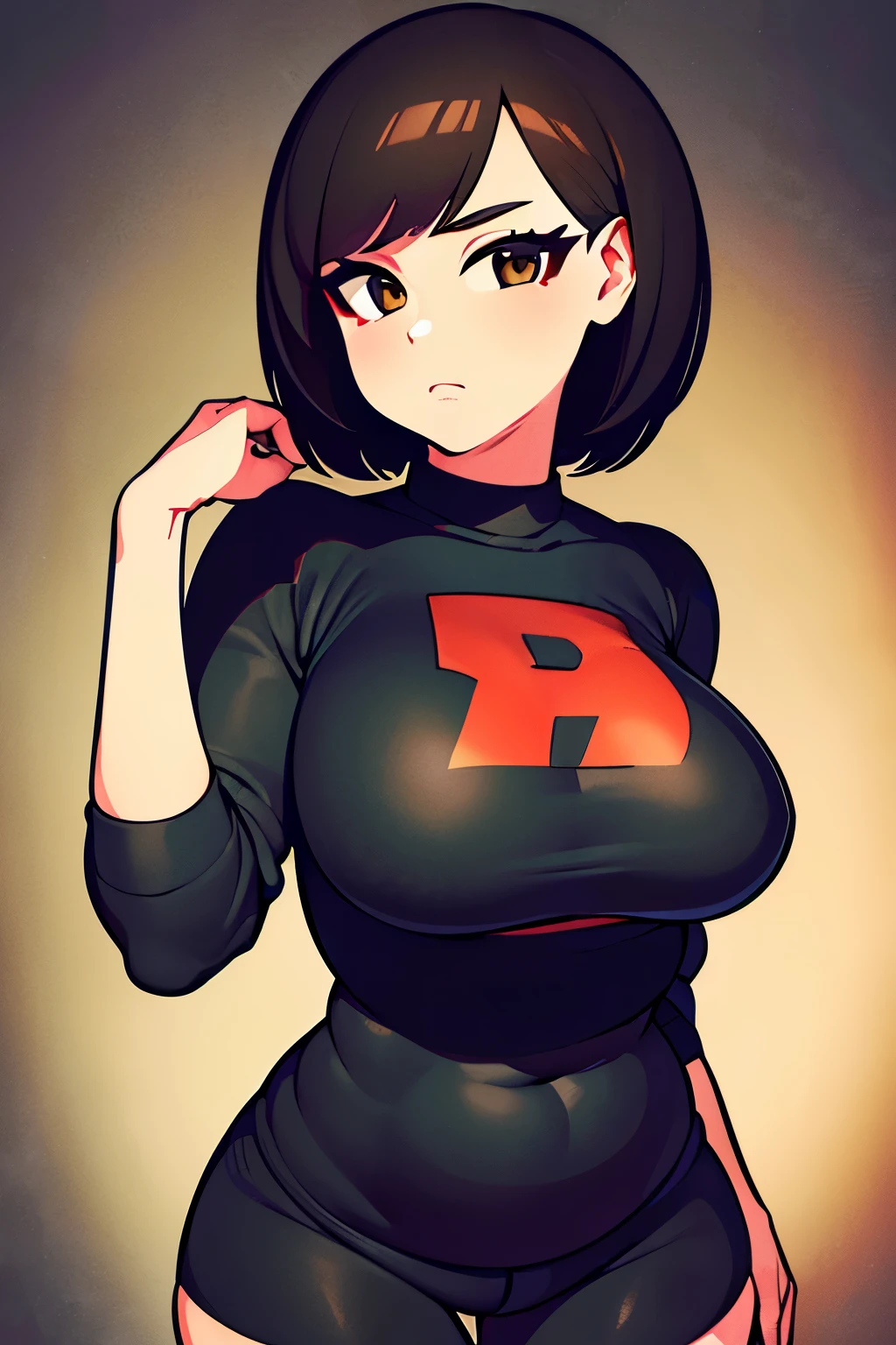 (best quality,highres,masterpiece:1.2),ultra-detailed,realistic:1.37,short black hair, dark red sweatshirt, black Shorts, black eyeliner, wide hips, chubby, dark brown eyes, cute, fringe, detailed face, 4k, masterpiece