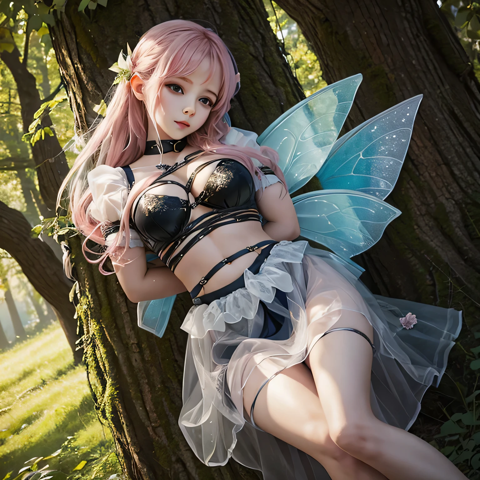 Make a picture where a beautiful fairy is bound and gagged, bound, she wearing a sheer skirt,gr3ysh33r