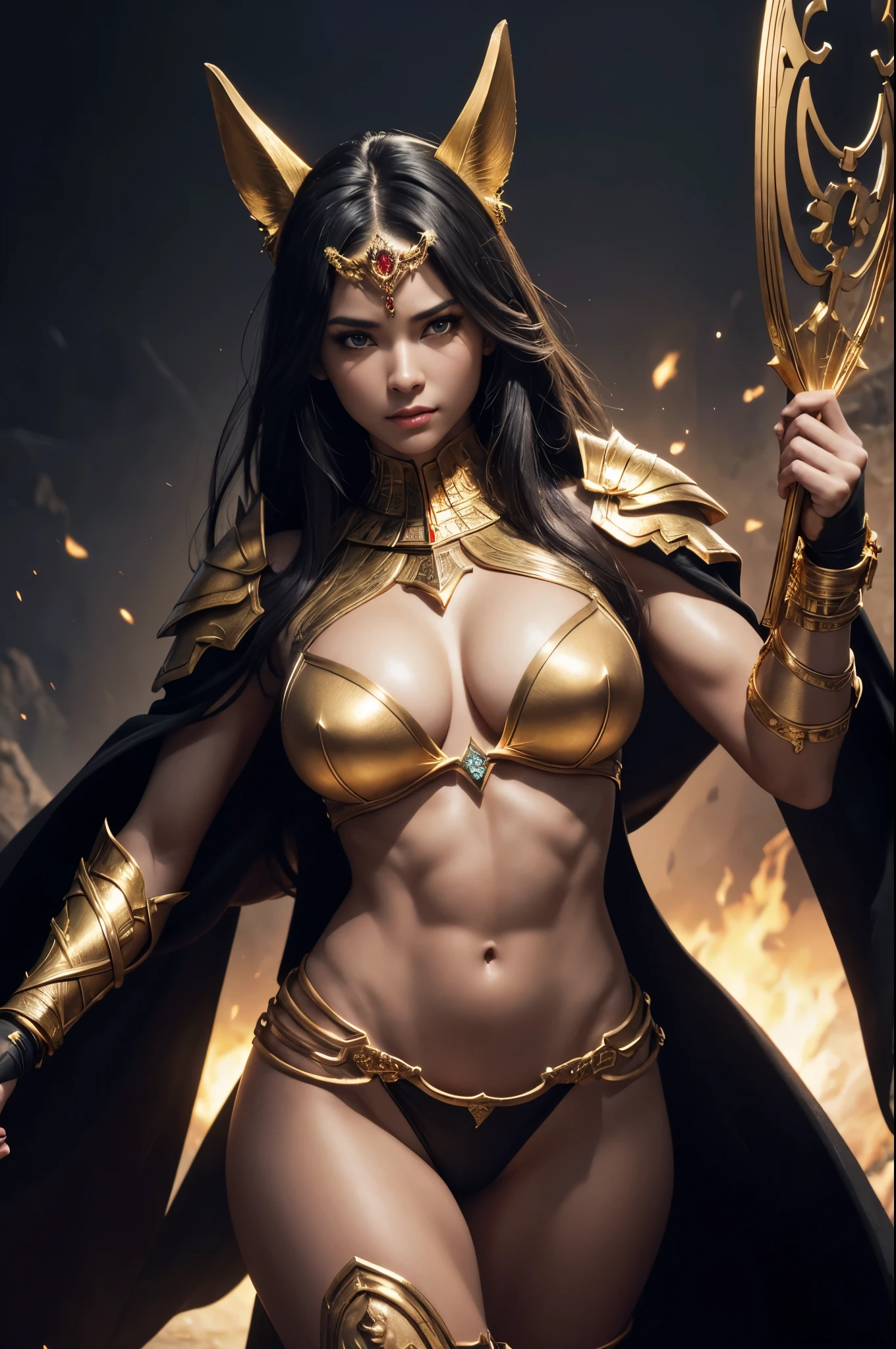 8K,Realistic, jewelry, (alone), (Dynamic pose),  ((Hell&#39;s Gate)), fire, landscape of hell, (underworld), (dark landscape),Female Anubis, Egyptian jackal-headed god, Humanity, Muscular, (holding gold scales), Dynamic pose, Cinematic, Dramatic camera angles, Golden Armor:0.25, black & Gold Cape, (Excellent anatomy), (Good balance), Awards, masterpiece, Centered,Charm,Volume measurement,Body balance,超High resolution,Ultra-Realistic Skin,Digital single-lens reflex camera, Soft lighting, high quality, Highly detailed face, Highly detailed eyes, Highly detailed skins, skin, Scattered beneath the surface, Highly detailed face, Highly detailed eyes, Beautiful expression, Lip, Detailed Background, Depth of written boundary, big breasts、Volumetric lighting, Sharp focus, Absurd, Realistic proportions, Excellent anatomy, (Realistic, 超Realistic:1.4), 16K HDR, Dawn,big breasts,High resolution,Ultra-Realistic Skin,super Beautiful expression,Fantasy art,character,Violent and strongly cracked abdominal muscles,Alluring,