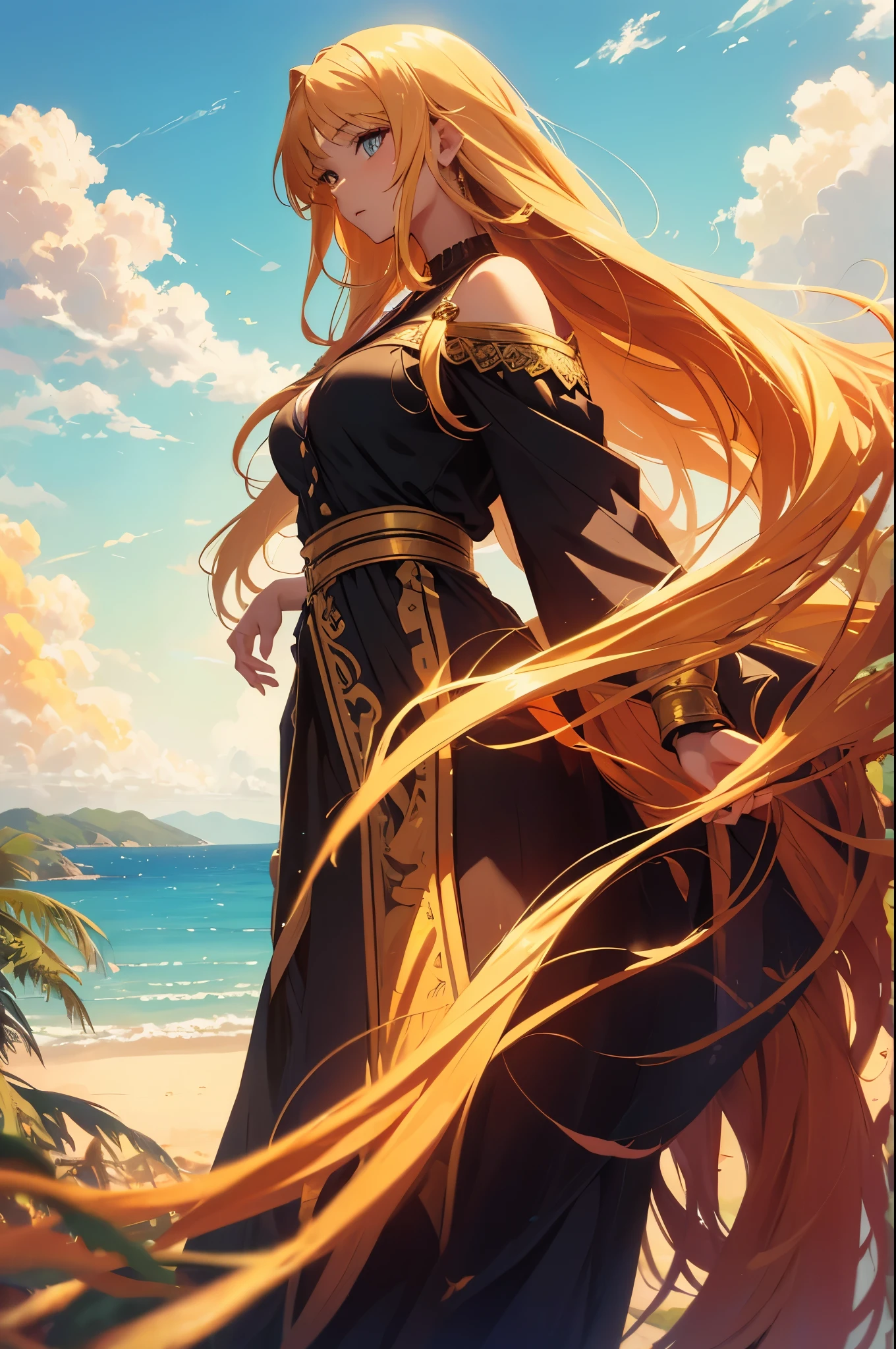 (a beautiful girl),(oil painting),(bright colors, lush sky details),(long flowing hair),(golden sunlight),(vivid summer vibes)