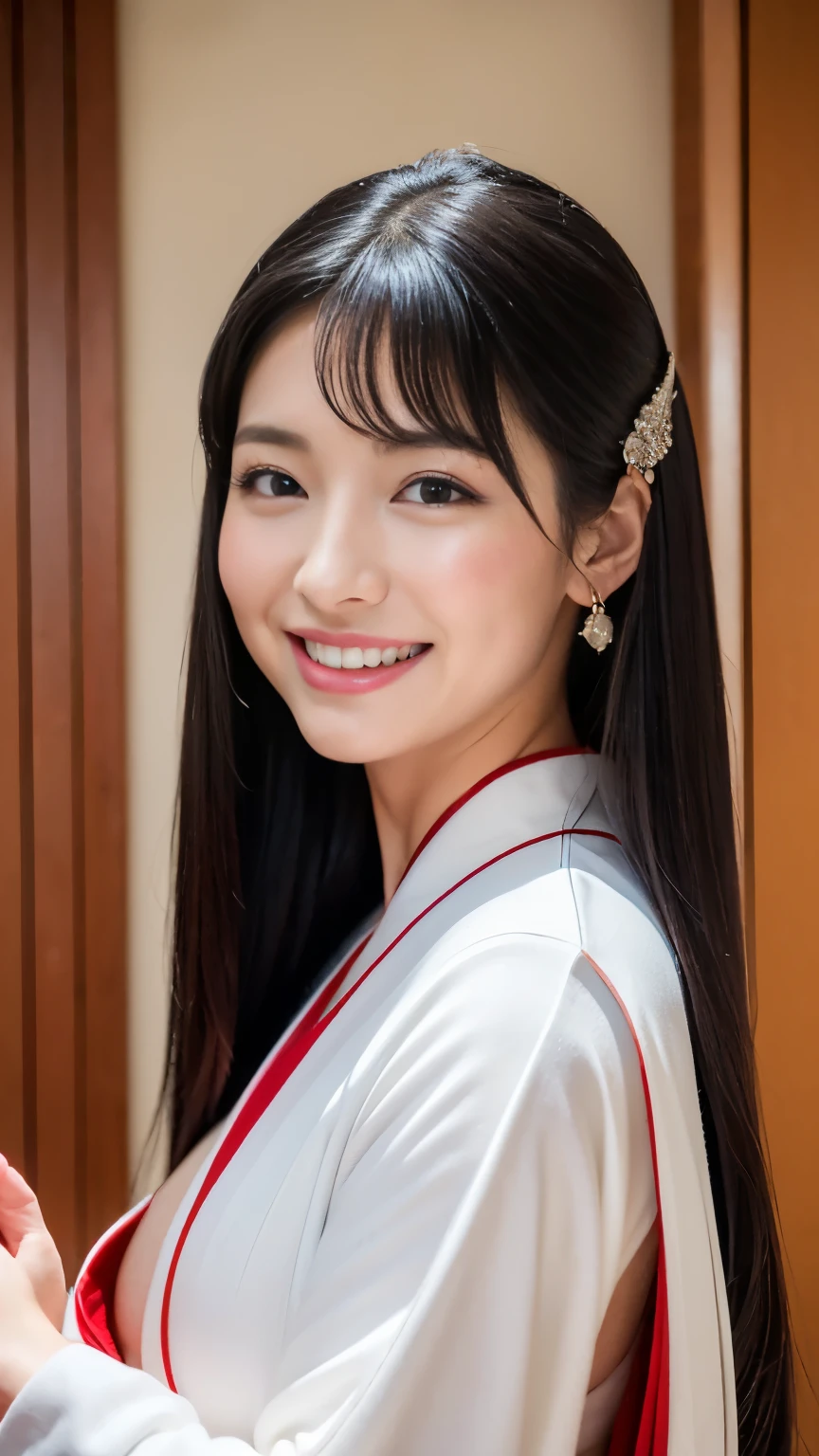 (highest quality、8k、Masseter muscle area、Delicate illustrations、Whole Body Ezbian)、Young and beautiful Japan priestess、shiny very long black hair（Tie at the back）,Plump body（Huge boobs）, （（White kimono、Red too）1.2）、A gentle smile、Dancing at the shrine of Japan