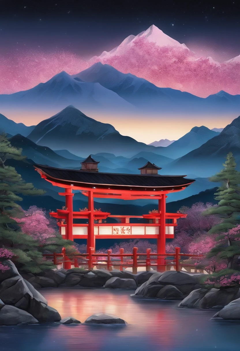A painting with elements reminiscent of Japan, Canada, South Korea, Norway with the Northern Lights mountain, fleurs de cerisier, torii, manga