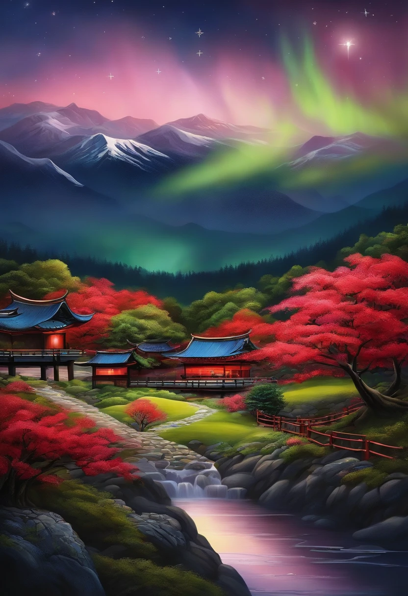 A painting with elements reminiscent of Japan, Canada, South Korea, Norway with the Northern Lights mountain, fleurs de cerisier, torii, manga