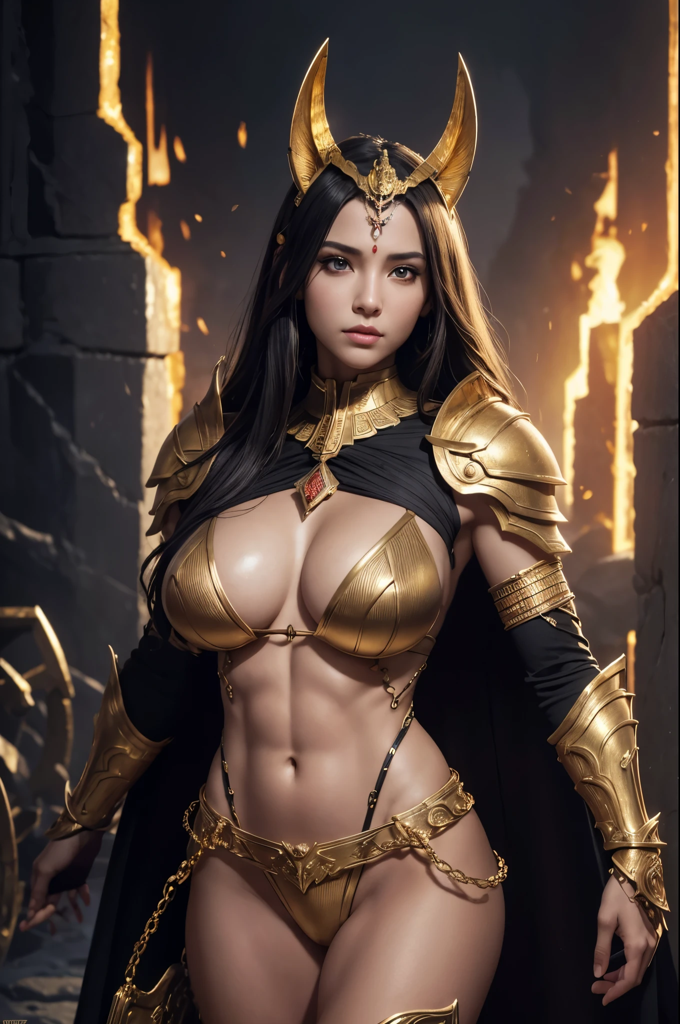 8K,Realistic, jewelry, (alone), (Dynamic pose), ((Hell's Gate)), fire, landscape of hell, (underworld), (dark landscape),Female Anubis, Egyptian jackal-headed god, Humanity, Muscular, (holding gold scales), Dynamic pose, Cinematic, Dramatic camera angles, Golden Armor:0.25, black & Gold Cape, (Excellent anatomy), (Good balance), Awards, masterpiece, Centered,Charm,Volume measurement,Body balance,超High resolution,Ultra-Realistic Skin,Digital single-lens reflex camera, Soft lighting, high quality, Highly detailed face, Highly detailed eyes, Highly detailed skins, skin, Scattered beneath the surface, Highly detailed face, Highly detailed eyes, Beautiful expression, Lip, Detailed Background, Depth of written boundary, big breasts、Volumetric lighting, Sharp focus, Absurd, Realistic proportions, Excellent anatomy, (Realistic, 超Realistic:1.4), 16K HDR, Dawn,big breasts,High resolution,Ultra-Realistic Skin,super Beautiful expression,Fantasy art,character,Violent and strongly cracked abdominal muscles,Alluring,