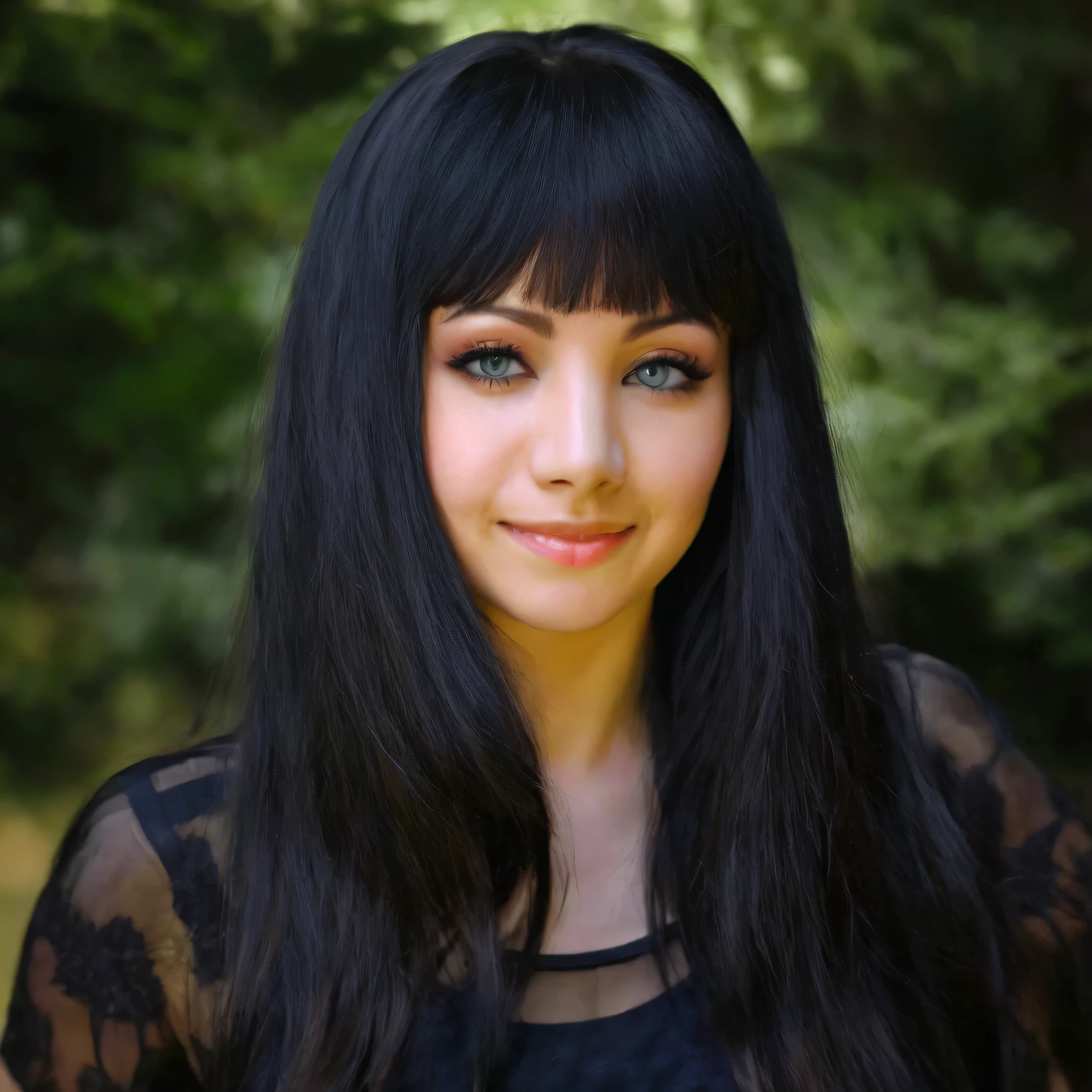 ksenia_solo, album cover, rock band, long hair, looking at viewer, smile, bangs, black hair, blunt bangs, grin, realistic, ((perfect eyes, detailed eyes,realistic eyes)), ((sharp face, detailed face, realistic face, naturtal skin, realistic skin, detailed skin, pores))