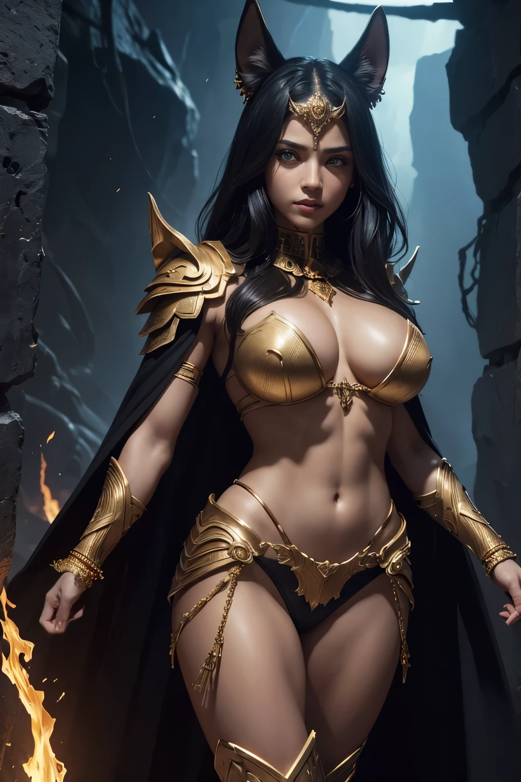 8K,Realistic, jewelry, (alone), (Dynamic pose), ((Hell's Gate)), fire, landscape of hell, (underworld), (dark landscape),Female Anubis, Egyptian jackal-headed god, Humanity, Muscular, (holding gold scales), Dynamic pose, Cinematic, Dramatic camera angles, Golden Armor:0.25, black & Gold Cape, (Excellent anatomy), (Good balance), Awards, masterpiece, Centered,Charm,Volume measurement,Body balance,超High resolution,Ultra-Realistic Skin,Digital single-lens reflex camera, Soft lighting, high quality, Highly detailed face, Highly detailed eyes, Highly detailed skins, skin, Scattered beneath the surface, Highly detailed face, Highly detailed eyes, Beautiful expression, Lip, Detailed Background, Depth of written boundary, big breasts、Volumetric lighting, Sharp focus, Absurd, Realistic proportions, Excellent anatomy, (Realistic, 超Realistic:1.4), 16K HDR, Dawn,big breasts,High resolution,Ultra-Realistic Skin,super Beautiful expression,Fantasy art,character,Violent and strongly cracked abdominal muscles,Alluring,hand,