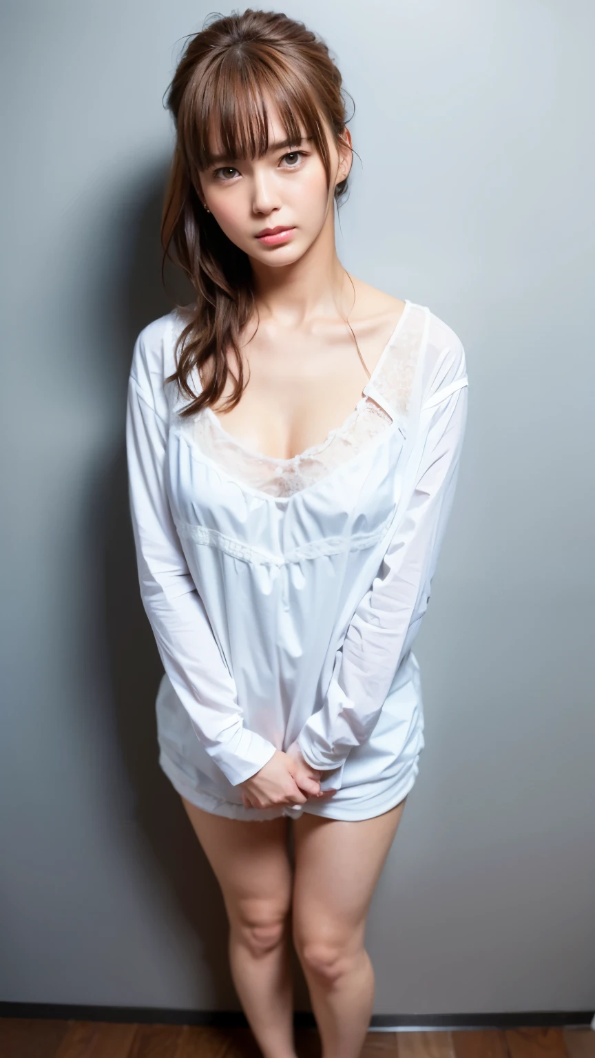 Browsing Caution、Very detailedな CG Unity 8k 壁紙、highest quality、Very detailed、masterpiece、Studio shot、full body portrait、From above、big, full, round chest、Photorealistic、Very detailedなかわいい女の子、alone、Melancholic expression, brown hair,  Updo、full body photo、Sheer embroidered lace underwear、big breasts、shy、Slender body、Reincarnation of Mirei Kuritani、20-year-old、Too much exposed skin