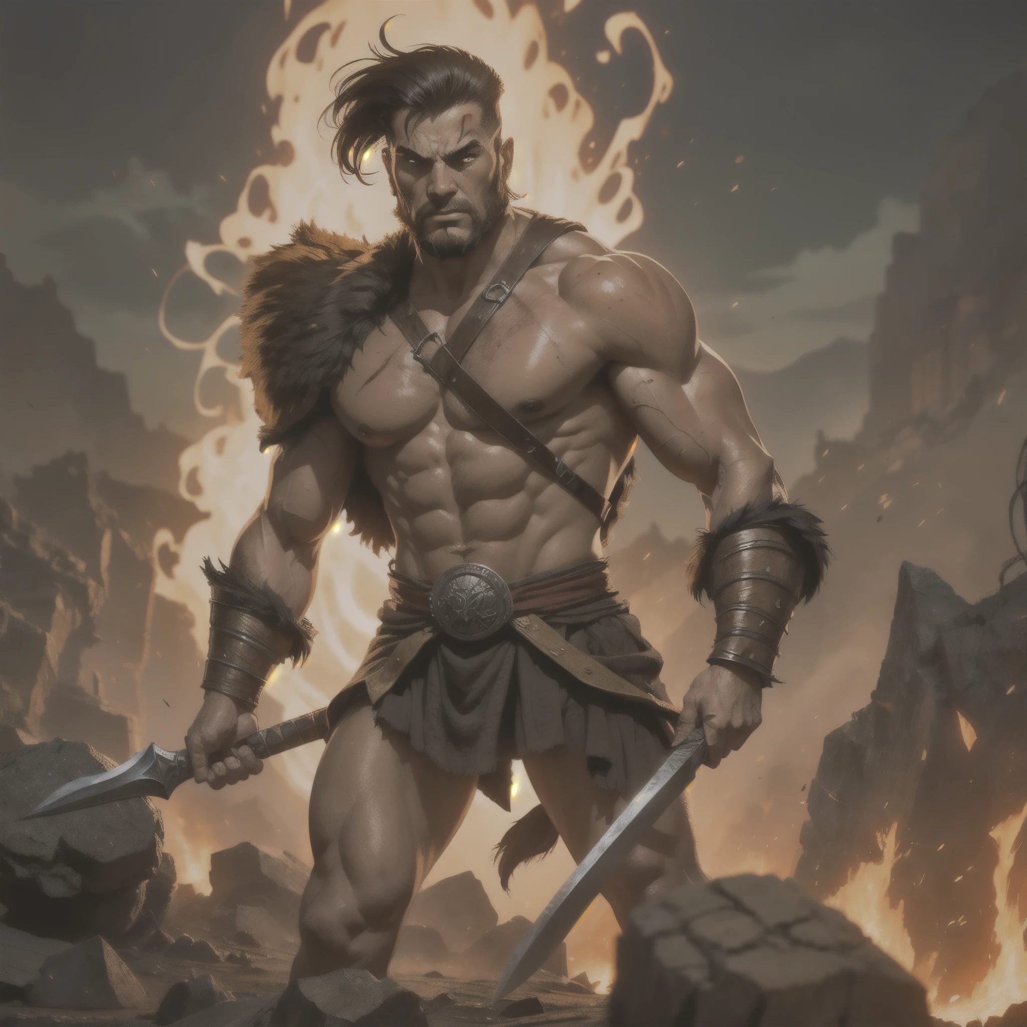 um homem com uma espada negra em uma guerra,Irritado e lutando, barbarian, barbarian on Roman battlefield, barbarian class, furioso, Epic mythology, Conan the barbarian, barbarian warrior, Conan, male barbarian, Frank Frazetta8k, fur-clad barbarian goliath, Dark epic fantasy, viking furioso, heroic male pose, empunhando um enorme machado, bromo redshift, Sangue de fogo por toda parte