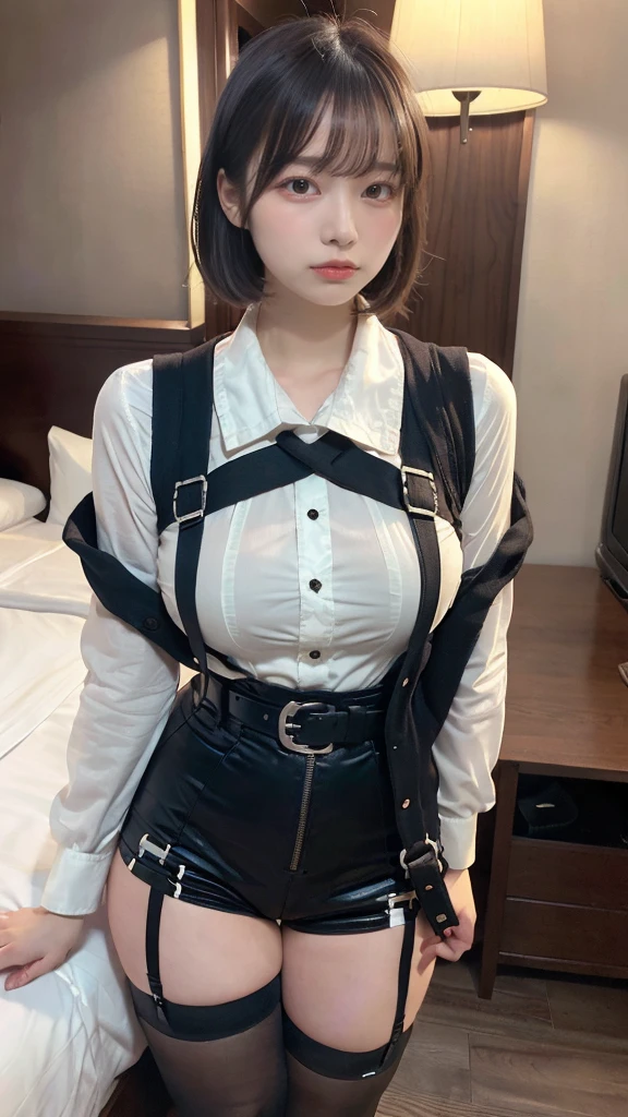 muste piece, best quality, illustration, Super detailed, fine details, High resolution, 8K,wall paper, perfect dynamic composition,(Details High quality, realistic depiction of eyes:1.3), holster, bobby, Cutter shirt, a belt, suspenders, a miniskirt, garterbelts, knee high Stockings, large breasts, short bob hair、black hair color, Big Natural Color Lip, bold sexy pose, crying a little、cold gaze, Harajuku style、20 year old girl、cute type、ta、beautiful legs, hotel room, gravure idol, Voluptuous thighs