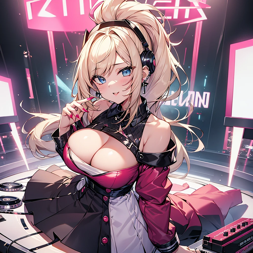 highest quality、masterpiece、4K、Blonde、Long ponytail、Slanted Eyes、blue eyes、Thick eyeliner、Gal、pink off shoulder clothes、Clothes that are large in size、Cleavage、Have many ear piercings、bracelet、Lots of accessories、Headphones、Pink Lips、big breasts、Short skirt、Knee-high boots、A girl playing DJ、neon、Mouth open and tongue out、red nails、Nightclub