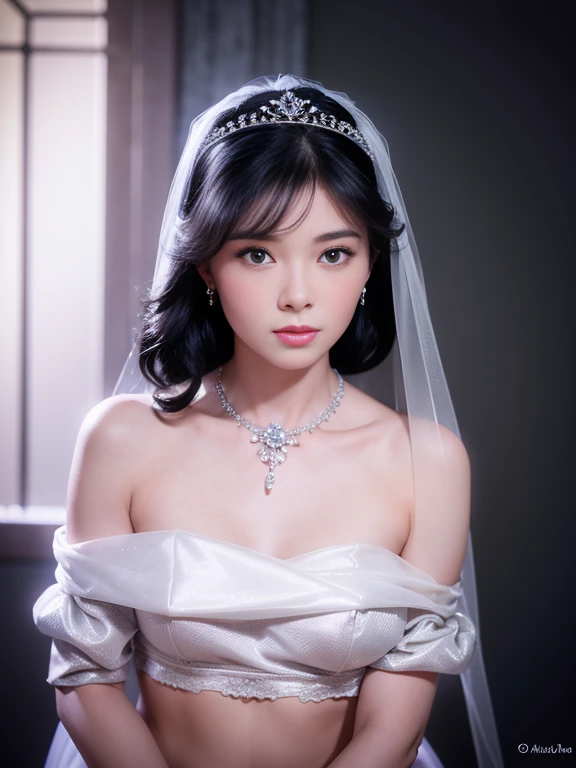 high quality、High resolution、masterpiece、sharp focus、realistic、photo-realistic、RAW photo、cinematic lighting、Photorealistic portrait of stunningly beautiful woman、slight smile、brown eyes、Natural textures、rich colors、ultra realistic texture、cowboy shot、Chignon's hairstyle、short black hair、glowing skin、light smile、(Small breasts:1.1)、Off-the-shoulder white wedding dress、Snow White Veil、choker、silver tiara、necklace、earrings、highly detailed face、fine eyes、looking at the viewer、Luxurious rooms in the palace、focus on face、detailed hand drawn、Detailed chest depiction, sexy belly