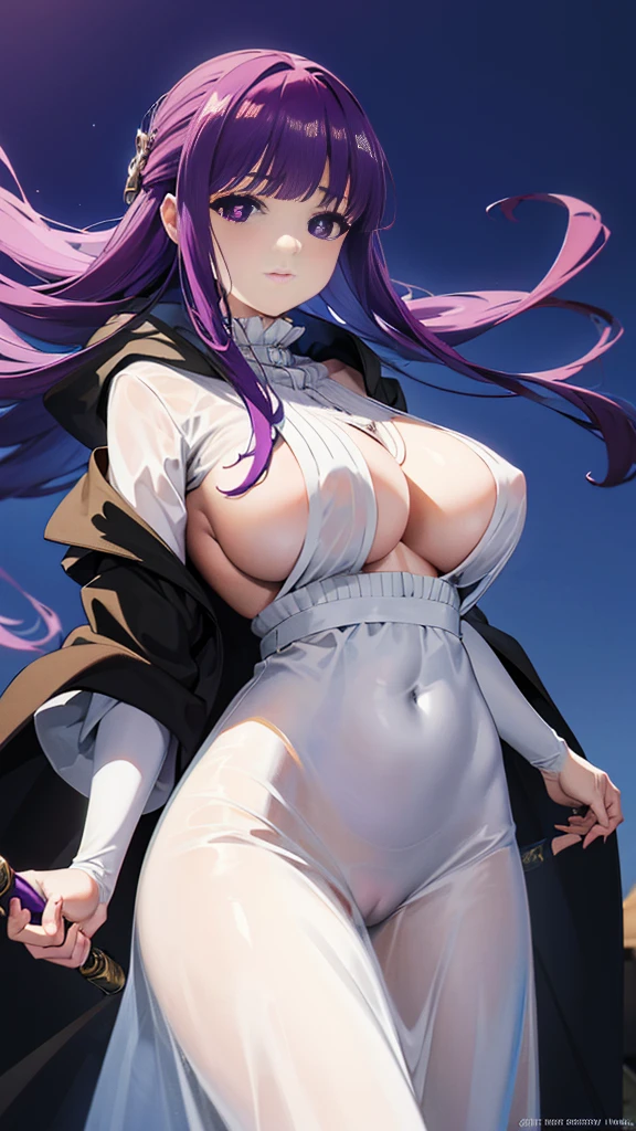 Ultra Detail, NSFW, (((masterpiece))), High resolution, Highly detailed anime art, Cinematic lighting, (((1 girl, perfect anatomy))), accurate right hand, accurate left hand, five fingers, perfect style, Detailed face, Fern, purple eyes, glossy lips, cute face, purple hair, shiny skin, smile, Pure white long sleeve blouse, pure white long skirt, Long skirt, Very long skirt, (Black cloak, Hold the magic wand, Magic Circle), Naughty nipples, naughty pussy, Body line silhouette, Focus on the groin, Shooting up close, Levitation, View from below, Dynamic Angle, Fantasy art,