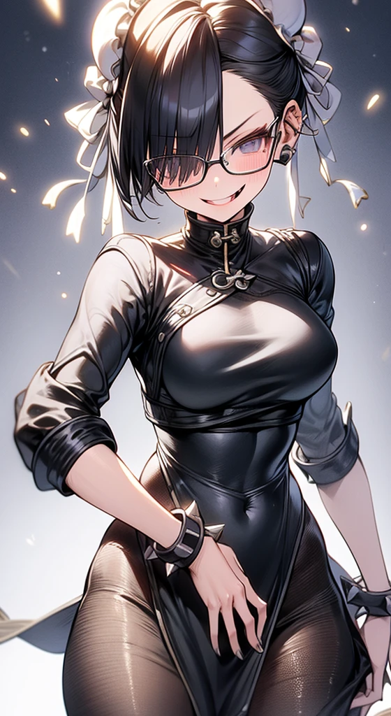 solo, masterpiece, best quality, agrias, grey sweater, black leotard, standing, looking at viewer, short hair,oculos,evil smile, evil look, chun li,luvas preta,roupa azul,yandere rosto,low lighting,coxa sarada