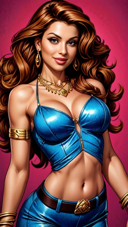 1woman 30year old, solo, long curly hair, looking at viewer, navel, cleavage, bare shoulders, detailed eyes, shy smile,jewelry, medium breasts, earrings, midriff, belt, bodystocking,necklace, bracelet, lips, armlet, ((dynamic pose)), ((dynamic angle)),