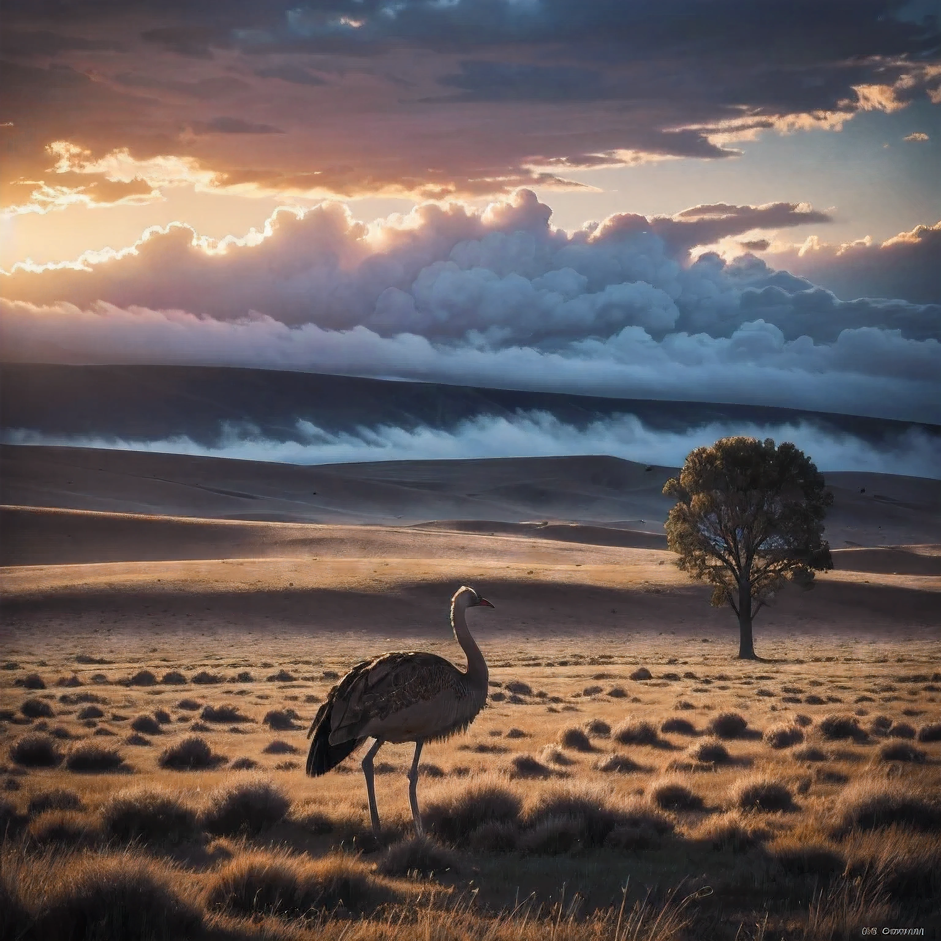 cinematic film shot in 70mm, depth of field, vivid colors, (best quality,ultra-detalhado,Realistic:1.37), (8k, ARTISTIC photography, best quality, masterpiece: 1.2), (realistic, photorealistic:1.37), over-detailed, A sad emu standing lonely in the dry fields, dark feathers, dark deep blue sky, godrays falling through the clouds, warm sun at the noon, feathers, sideview