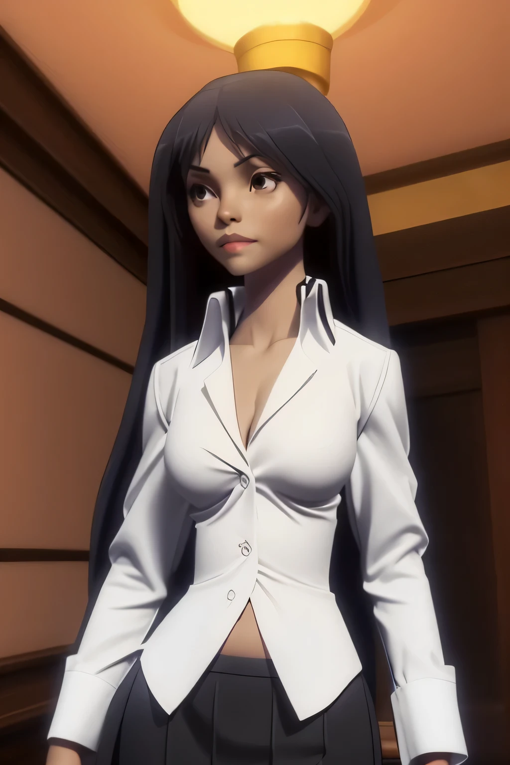 A tall attractive girl with light skin, big chest, long black hair, her brown eye, wears a white button-down shirt, a slim curve, a navel, and a long black skirt.
