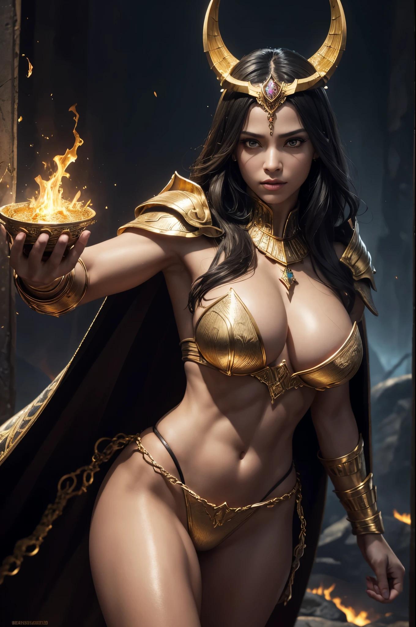 8K,Realistic, jewelry, (alone), (Dynamic pose),  ((Hell&#39;s Gate)), fire, landscape of hell, (underworld), (dark landscape),Female Anubis, Egyptian jackal-headed god, Humanity, Muscular, (holding gold scales), Dynamic pose, Cinematic, Dramatic camera angles, Golden Armor:0.25, black & Gold Cape, (Excellent anatomy), (Good balance), Awards, masterpiece, Centered,Charm,Volume measurement,Body balance,超High resolution,Ultra-Realistic Skin,Digital single-lens reflex camera, Soft lighting, high quality, Highly detailed face, Highly detailed eyes, Highly detailed skins, skin, Scattered beneath the surface, Highly detailed face, Highly detailed eyes, Beautiful expression, Lip, Detailed Background, Depth of written boundary, big breasts、Volumetric lighting, Sharp focus, Absurd, Realistic proportions, Excellent anatomy, (Realistic, 超Realistic:1.4), 16K HDR, Dawn,big breasts,High resolution,Ultra-Realistic Skin,super Beautiful expression,Fantasy art,character,Violent and strongly cracked abdominal muscles,Dynamic pose,Close-up,